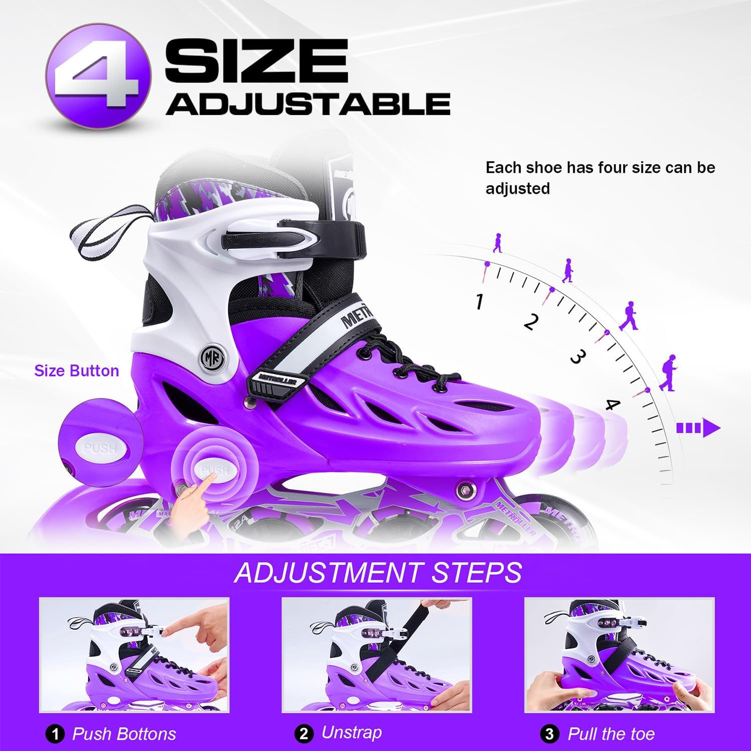 METROLLER Inline Skates for Girls and Boys, Women, Men 4 Sizes Adjustable Roller Blades with Light up Wheels, Illuminating Beginner Rollerblades for Kids & Adult Youth image number 6