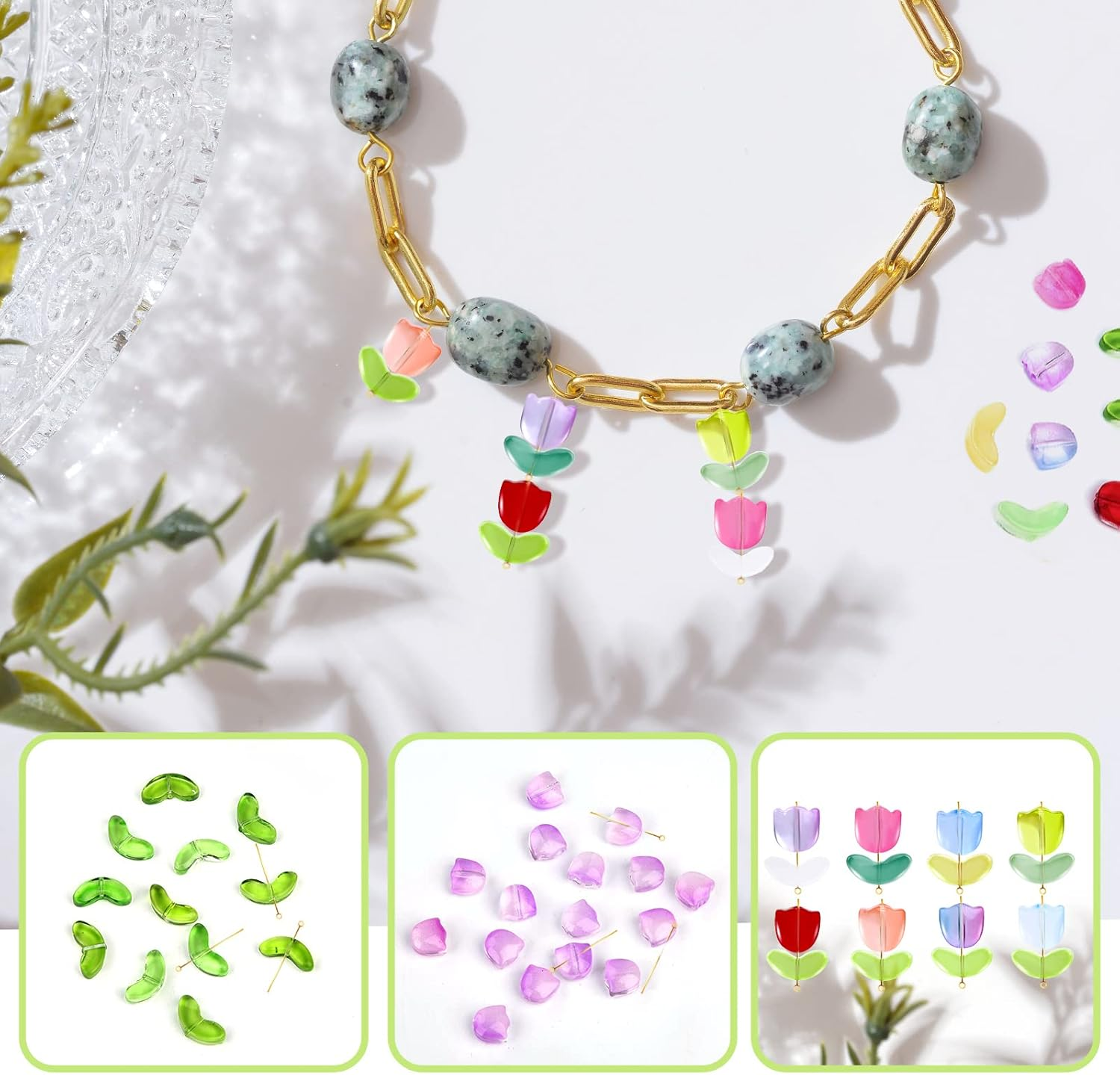 160Pcs Tulip Flower Beads, Colorful Translucent Glass Flower Beads Handcraft Tulip Beads Flower Spacer Beads for DIY Necklace Bracelet Jewelry Making (Mixed Color)