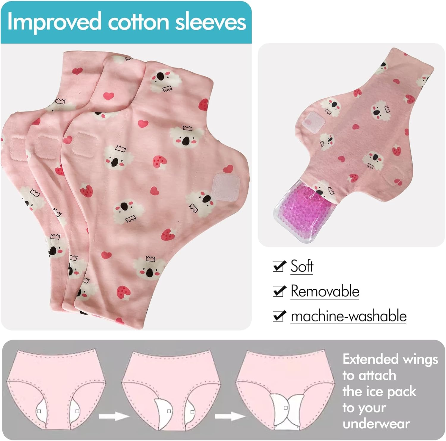 Vecozey 3 Perineal Ice Packs for Postpartum & Hemorrhoid Pain Relief, Reusable Hot & Cold Wraps for Women after Pregnancy and Delivery, Post Partum Essentials Cooling Pads & Washable Cotton Sleeves image number 3