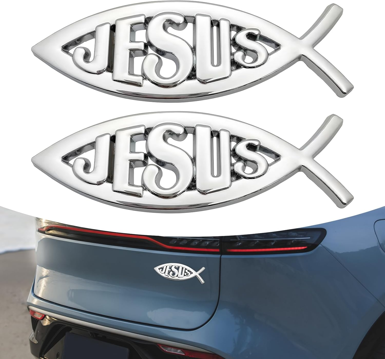 2PCS Jesus Fish Decal Sticker, 3D Car Jesus Christian Fish Symbol Decal, Waterproof Car Decoration Sticker, Trunk, Bumper (Silver) image number 4