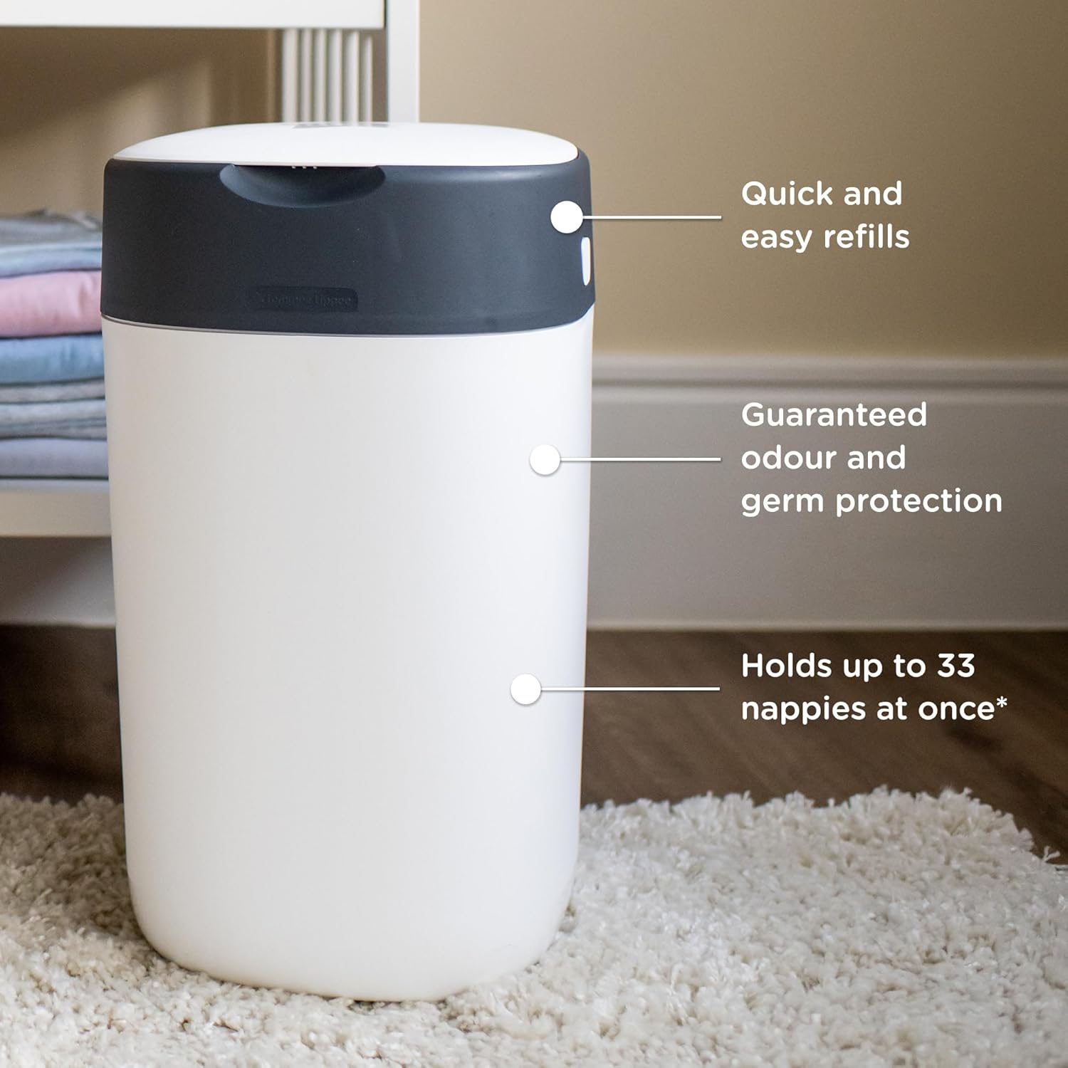 Tommee Tippee Twist and Click Nappy Bin Starter Set, White, with X6 Refill Cassettes, Odour and Germ Protection, Antibacterial Film, 100% Recycled Chassis, (Pack May Vary) image number 1