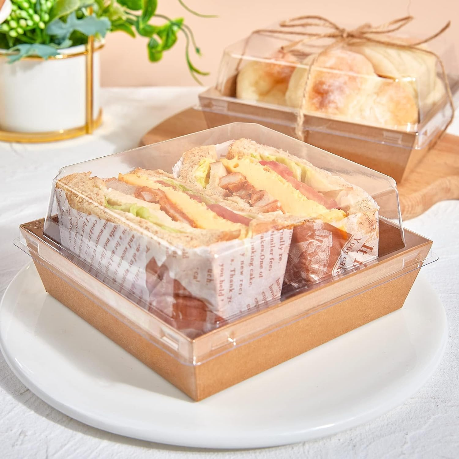 50Pack Paper Charcuterie Boxes with Clear Lids Square Sandwich Boxes with 44Yd Twine Disposable Food Containers for Swiss Roll, Strawberries, Slice Cake, Cookies, Brown - White image number 5
