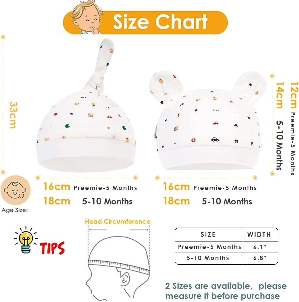 3 Stcke Neugeborene Brenmtzen Krankenhausmtze Knotenmtze Bio-Babymtzen Unisex Baumwolle Schne Babymtzen 0-6 Monate image number 4
