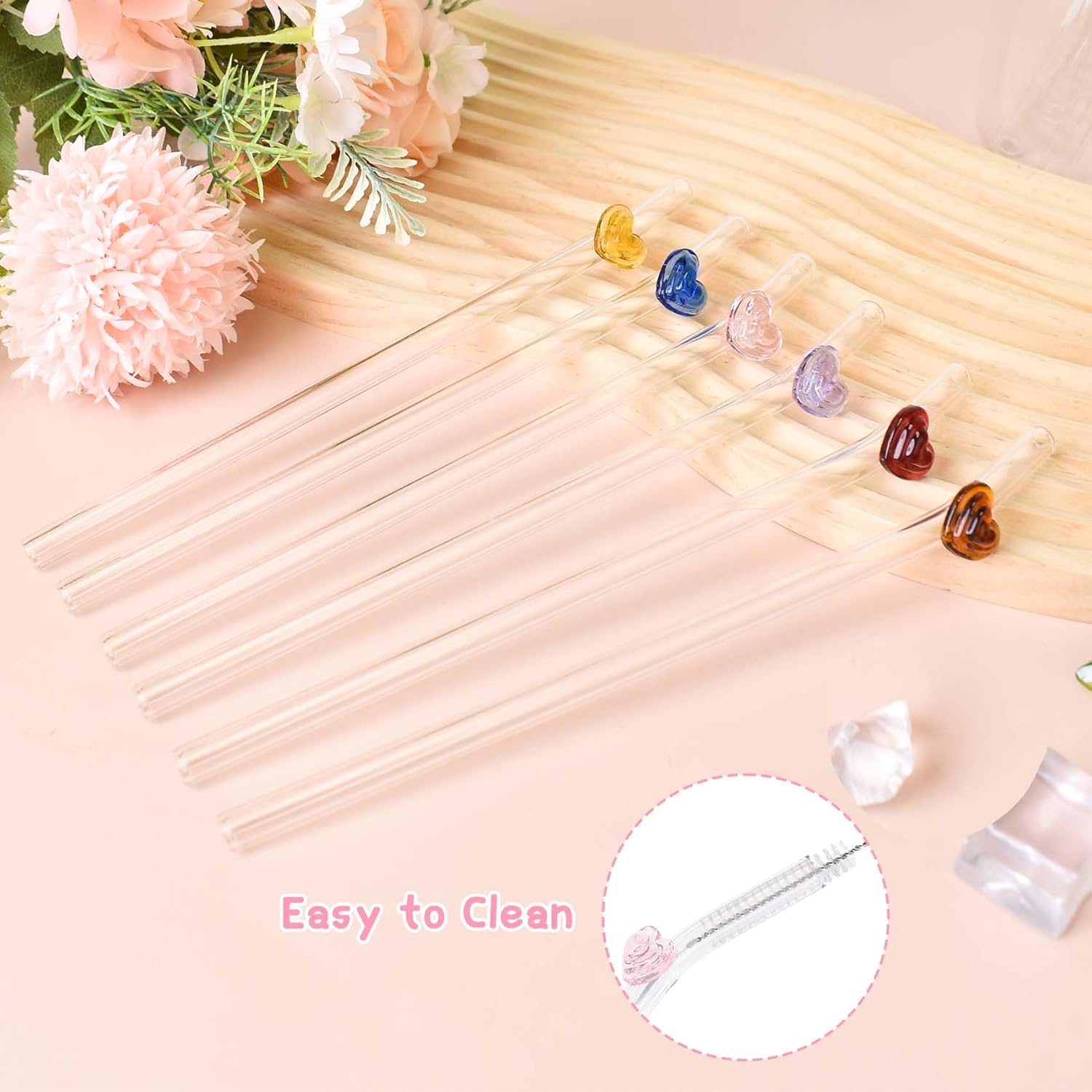 6 Pcs Glass Straws with 2 Cleaning Brushes, Cute Colorful Heart Shaped Bent Glass Straws Shatter Resistant, Reusable Love Straws Charm for Coffee Lover, Milkshake, Smoothies, Juice, Aesthetic Gift