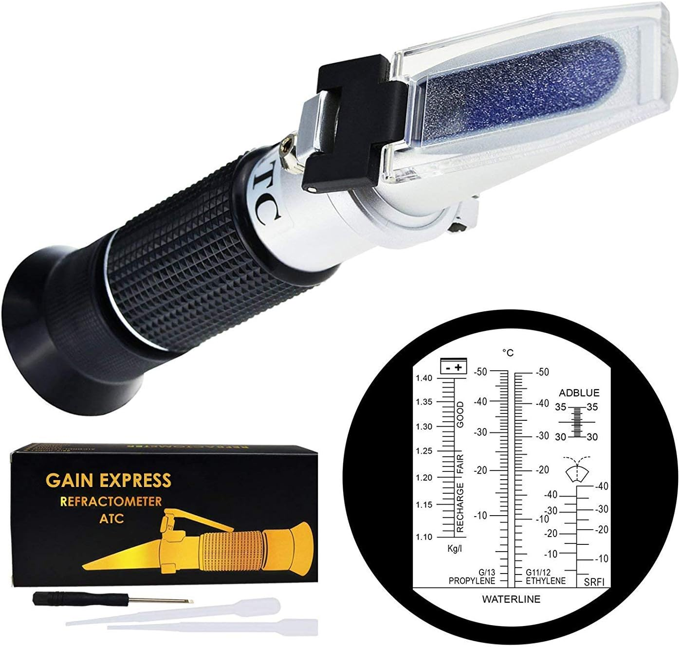 Gain Express 6-In-1 Automotive Car Refractometer ATC for Adblue/Antifreeze/Battery Acid/Windshield Fluid, Coolant Charge Specific Gravity Density Condition