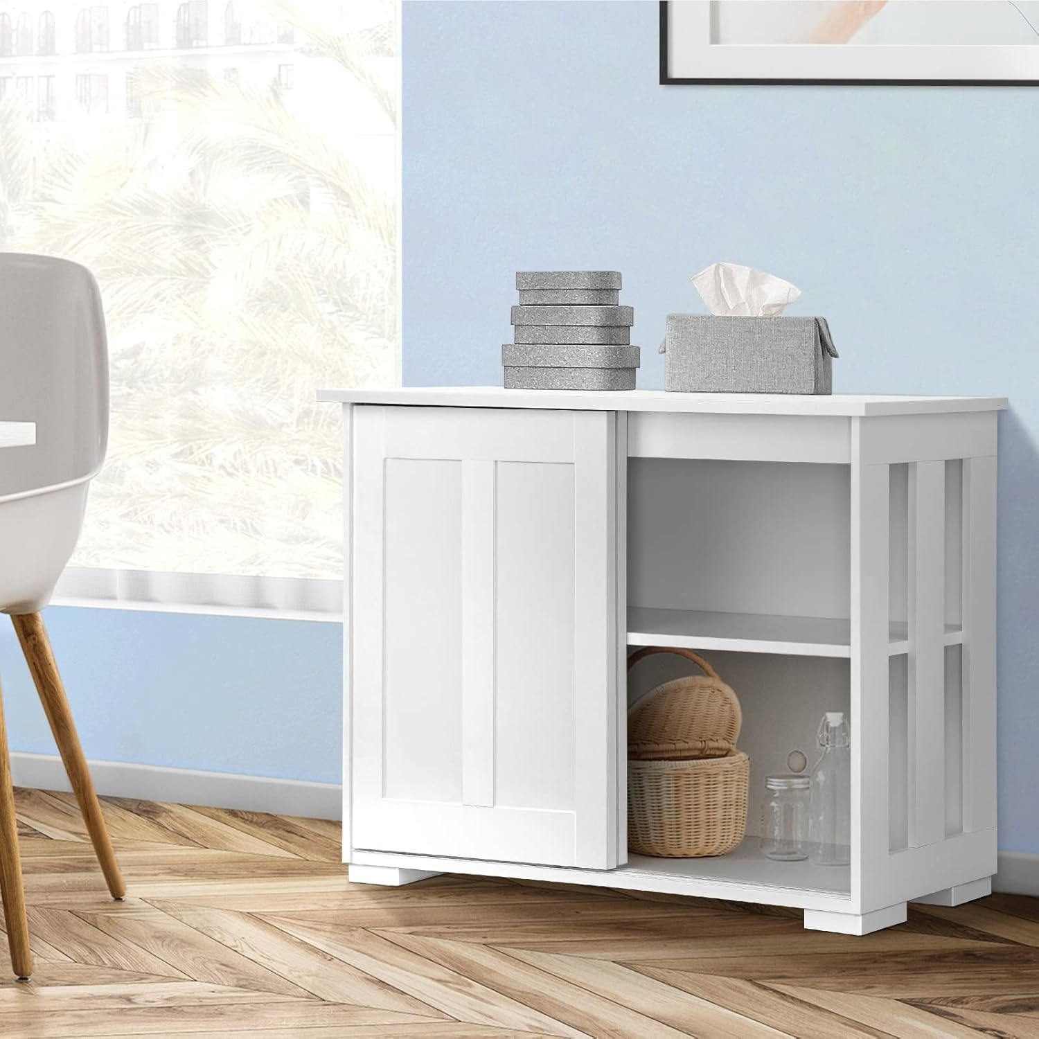 OIKITURE Sideboard Buffet Cabinet with Sliding Door - Stackable Cupboard with Storage, Open Side Panel, Low Console Table for Kitchen Living Room Dining Room, White