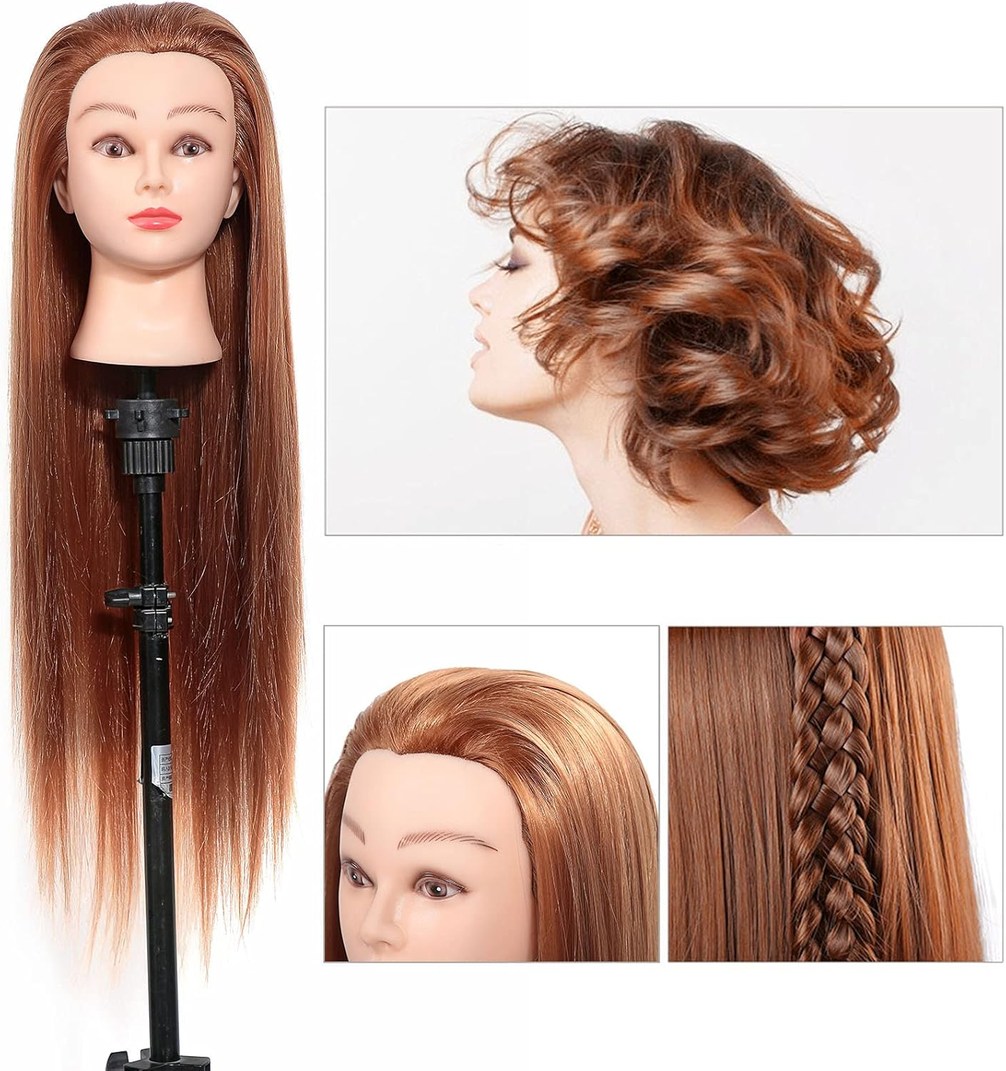 Synthetic Fiber Mannequin Head Hairdresser Training Head, Thick Hair, High-Temperature, Suitable for Practice Cutting, Braiding, Designing, with Table Clamp Stand image number 5