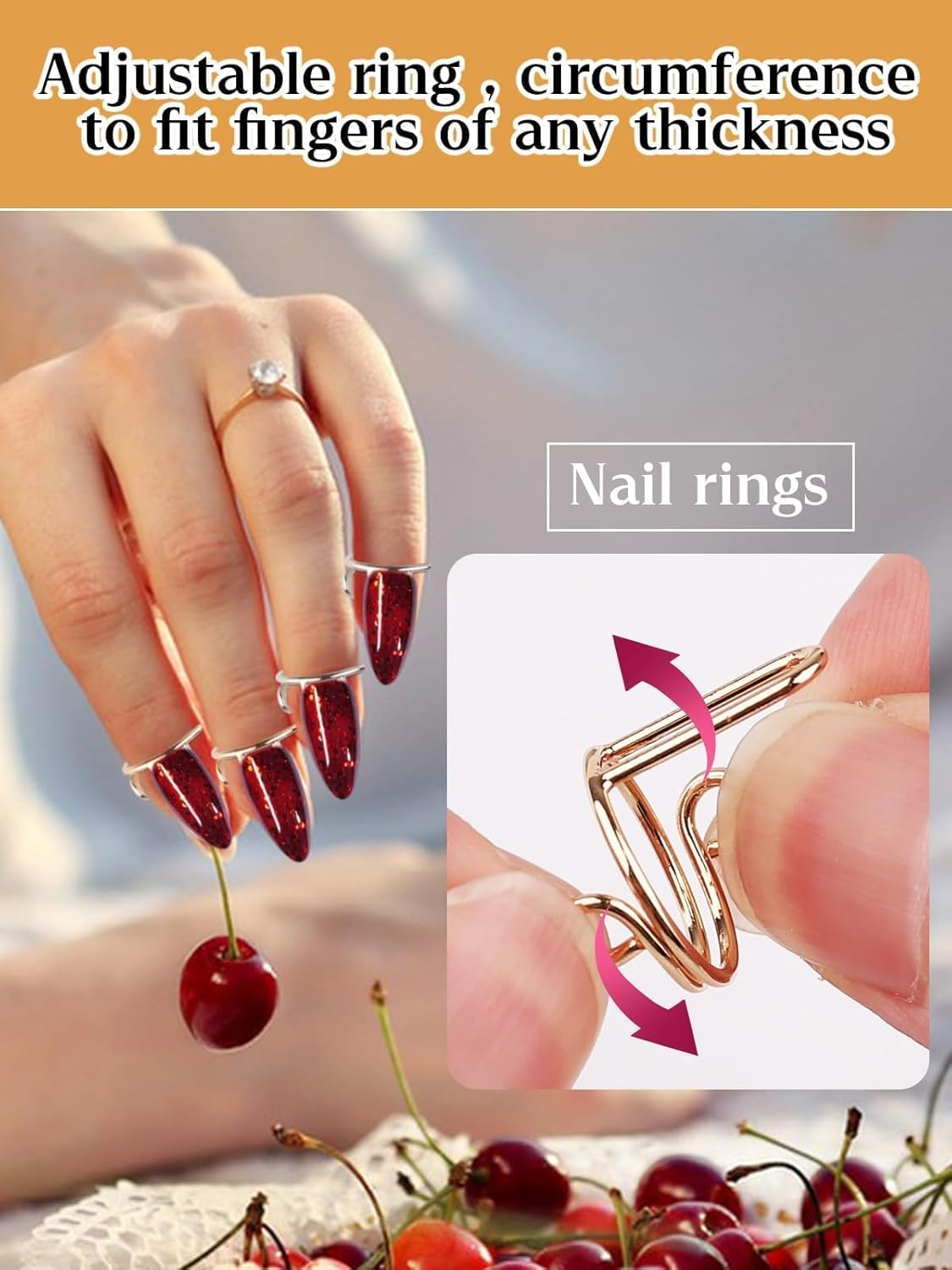 20PCS Nails Rings, EBANKU Adjustable Nails Rings Detachable Reusable Women Gift Ring Set with 96PCS Adhesive Nail Tabs for Acrylic Nail Art Decoration - Gold and Silver image number 2