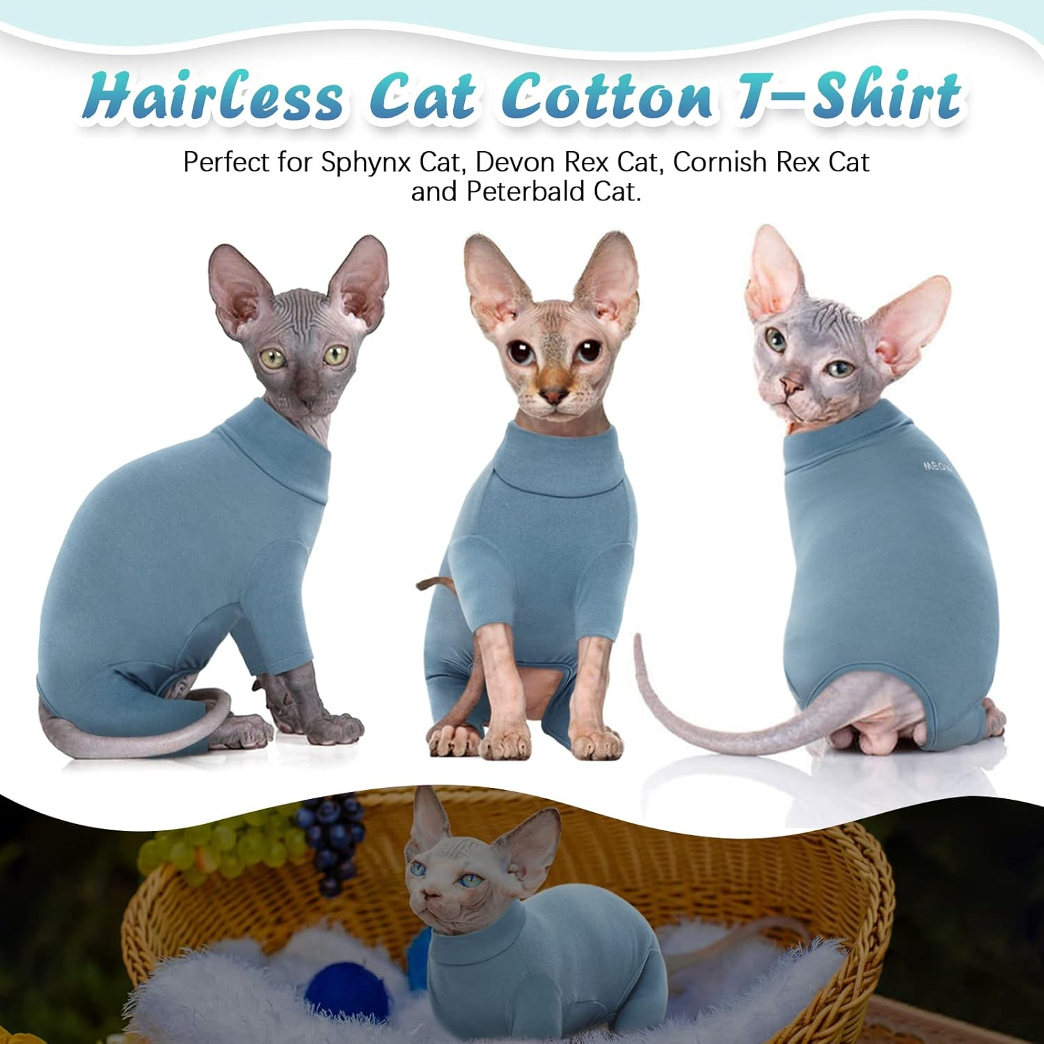 Hjyokuso Sphynx Cat Clothes, Breathable Soft Cat Jumpers for Cats Only, Cat Coat with Four Legs, Warm Cat Sweaters, Cat T-Shirt, Cat Pajamas Jumpsuit Vest for Sphynx, Cornish Rex, Devon Rex,Peterbald image number 3