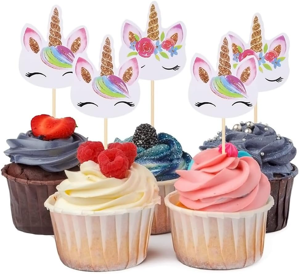 Unicorn Cake Toppers,24 Pcs Unicorn Cupcake Toppers Cake Decorations Double Side Birthday Cupcake Topper,For Girls Kids Women Baby Shower Unicorn Themed Party Supplies image number 6