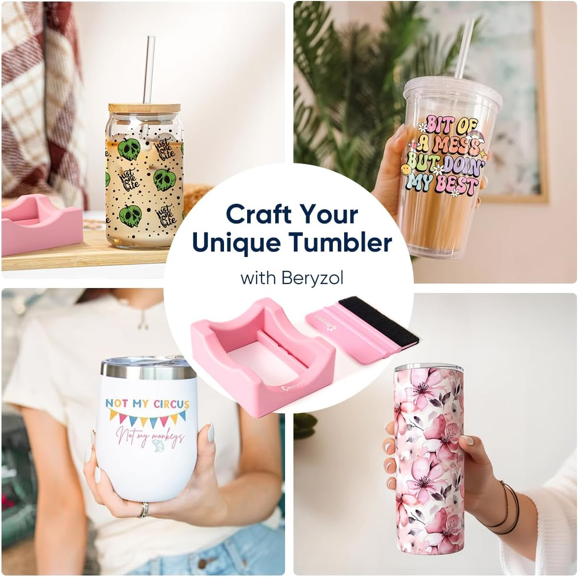 Beryzol Silicone Cup Cradle, Cup Cradle for Tumblers with Felt Squeegee Use to Apply UV DTF Stickers/Vinyl Stickers for Tumblers - Keep Mugs in Place - Cup Cradle-Cyan image number 5