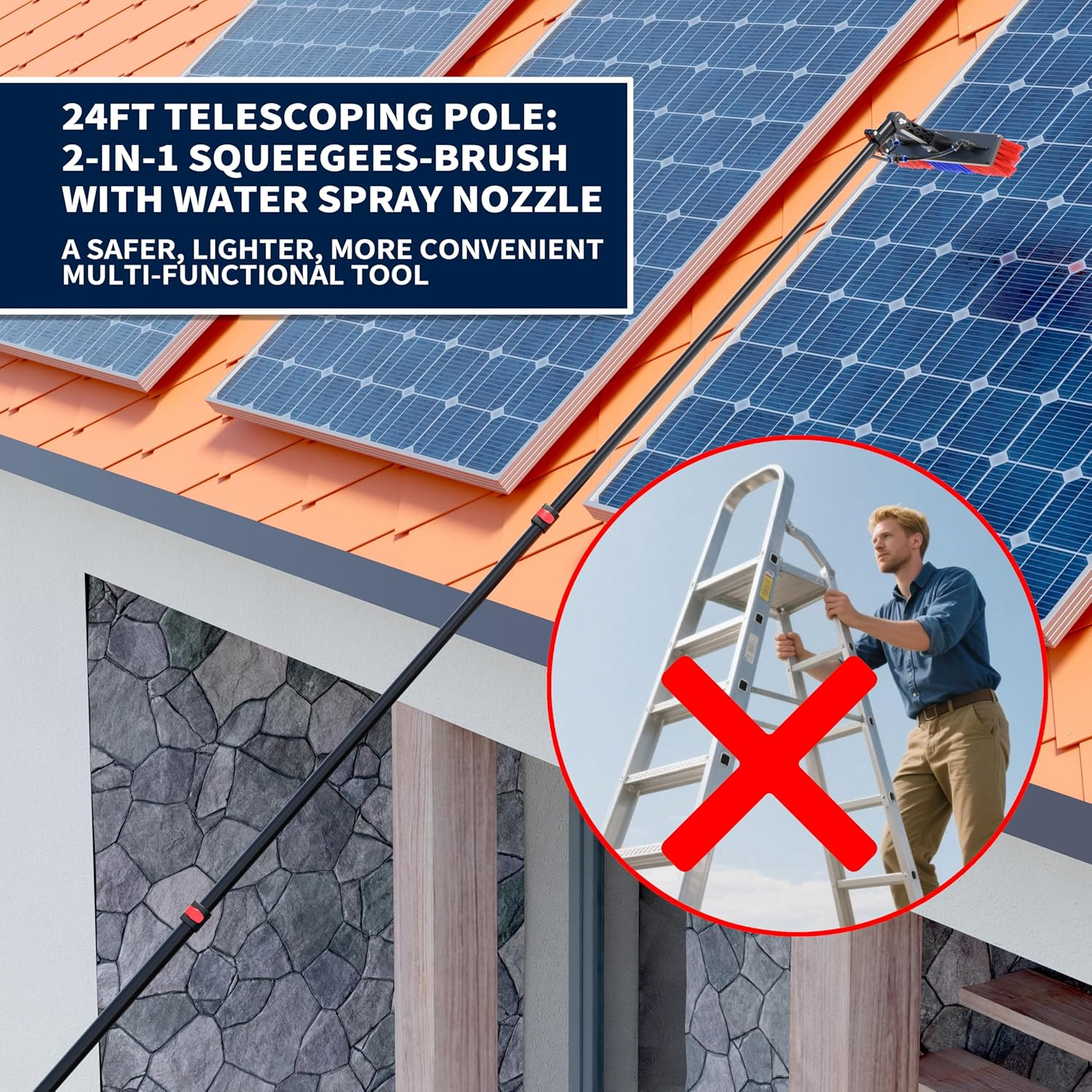 24FT Solar Panel Cleaning Brush & Squeegee Kit,Proffesional Window Washing Tool,Water Fed Pole,Roof、Window and Photovoltaic Panel Washing Cleaner Equipment Kit image number 1