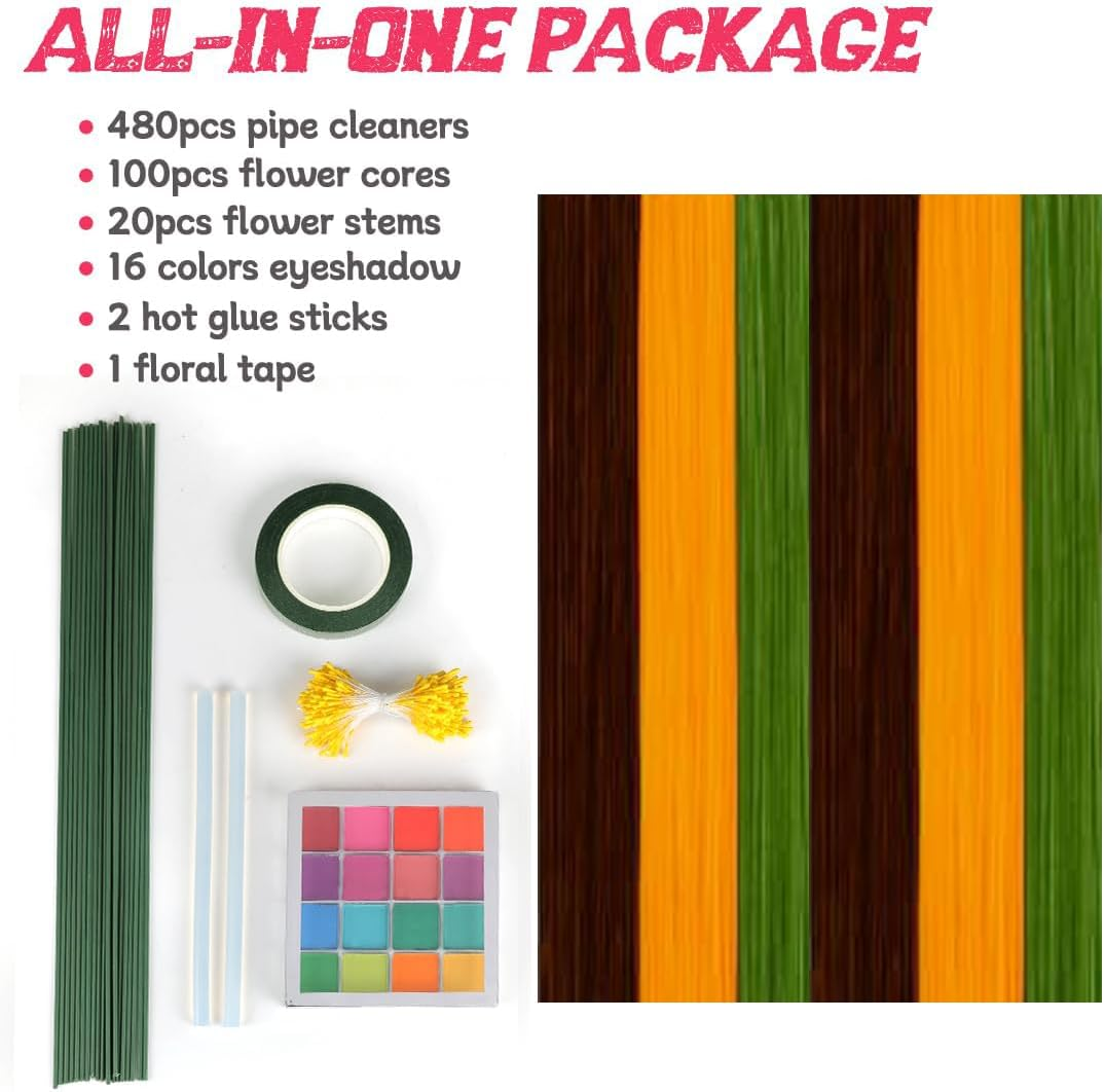 Pipe Cleaners, 480Pcs Yellow Sunflowers, Flower Making Kit, Arts and Craft Supplies, Pipe Cleaners for Flowers, Craft Supplies Kit, Ideas for Art Project Activity image number 4