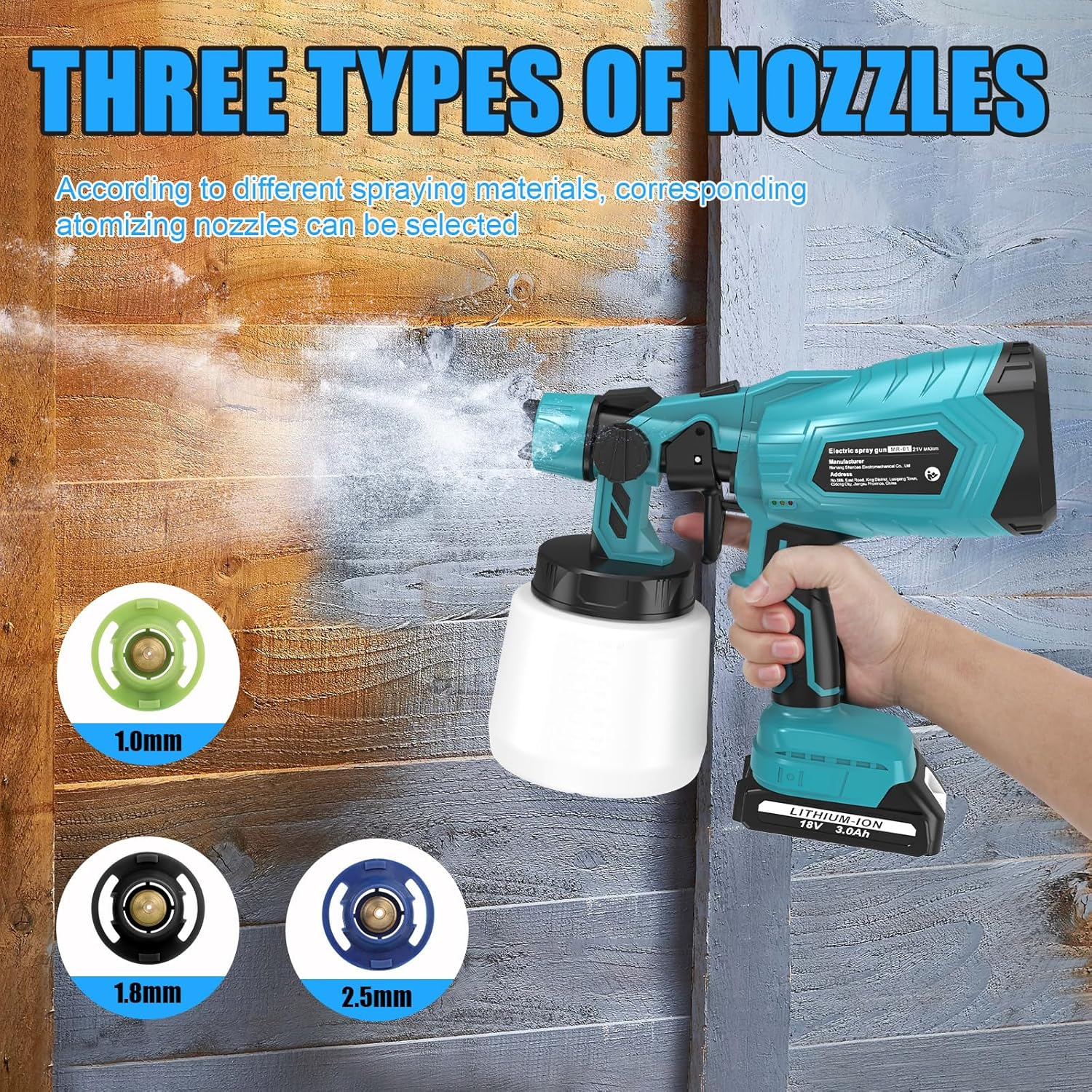Aryee Cordless Paint Sprayer, 18V with 1000ML Container, 2 Batteries, 3 Nozzles, 36000RPM High Power Motor, Multiple Spray Patterns for House and Furniture Painting image number 3