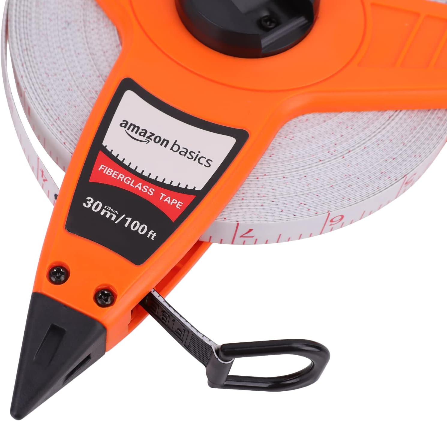 Amazon Basics Open Reel Fiberglass Tape Measure, 100-Feet (30-Meters) by 1.27 CM, Inch/Metric Scale, Impact Resistant Shell, Orange image number 1