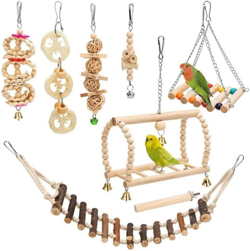 Parakeet Bird Cockatiel Toys, Pet Bird Cage Swing Hammock Chewing Toy Hanging Bell Wooden Perch for Conures, Love Birds, Finches, Budgie (Colourful-8) image number 2