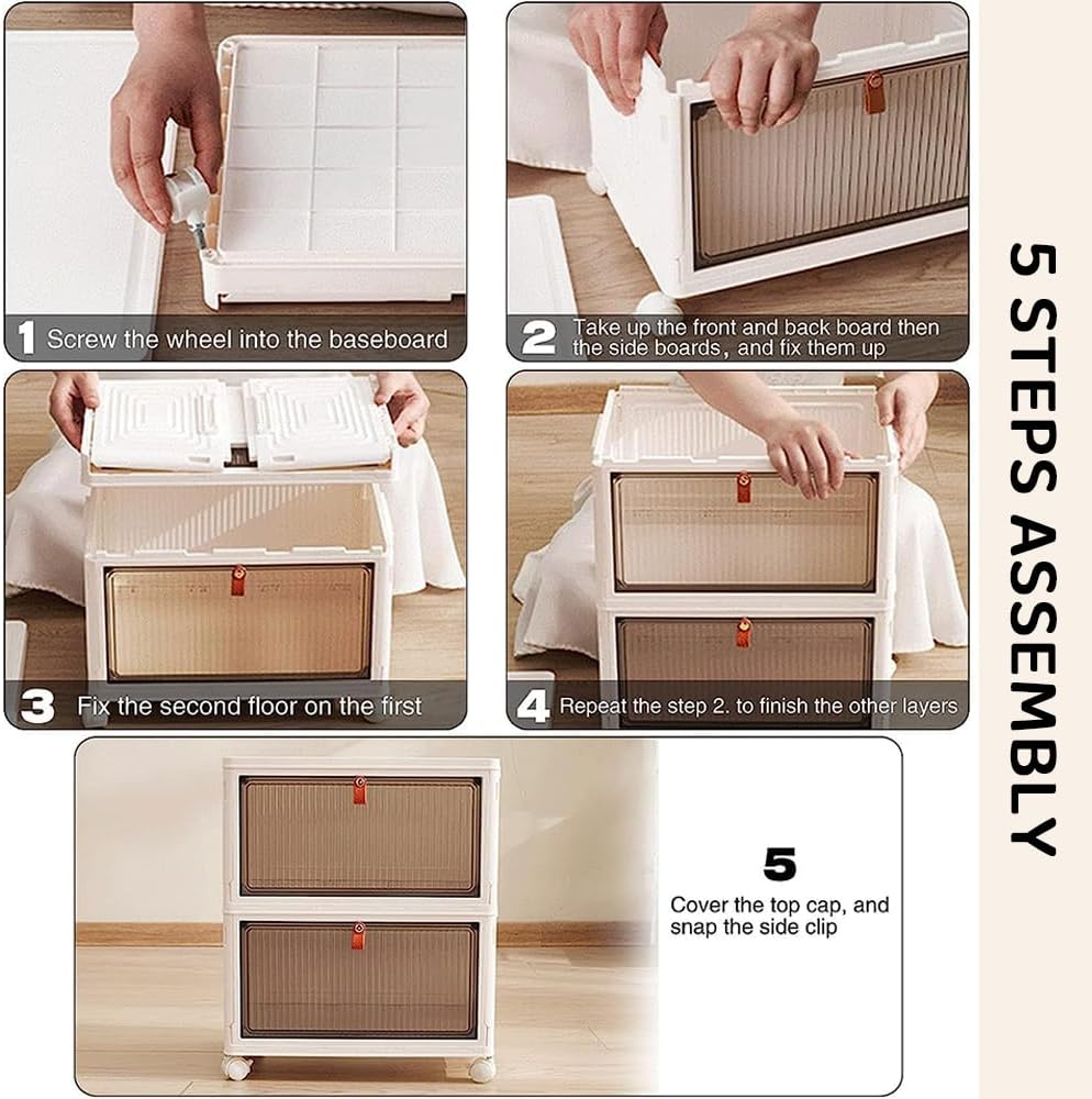 2-Tier Dustproof Plastic Storage Box on Wheels &ndash; White Rolling Bedside Cart Organizer for Clothes, Shoes, Books, Toys, Snacks &ndash; Storage Shelf for Living Room, Bedroom, Office image number 4