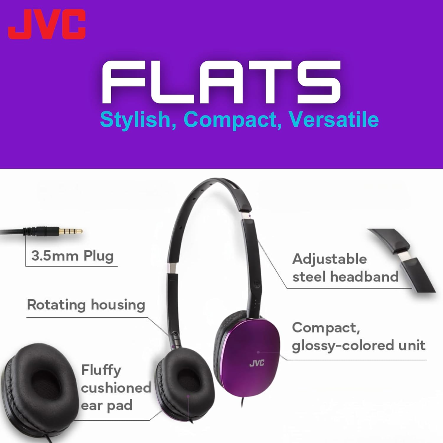 JVC HAS160V Flat Headphones (Violet) image number 4
