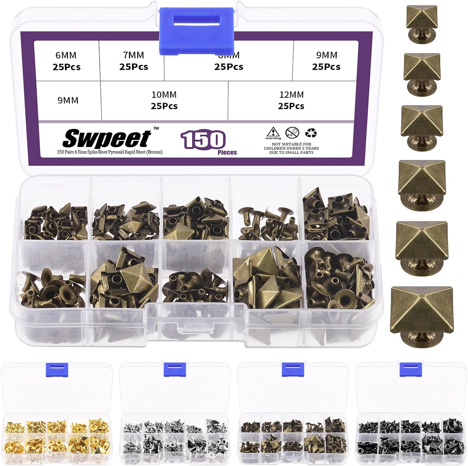 Swpeet 150Pcs 6 Sizes 6Mm/7Mm/8Mm/9Mm/10Mm/12Mm Silver Spike Rivet Pyramid Rapid Rivet Studs Kit, Square Rivets Metal Pyramid Fits for Bag Leather Clothing Shoes Rivet Handicraft DIY Punk