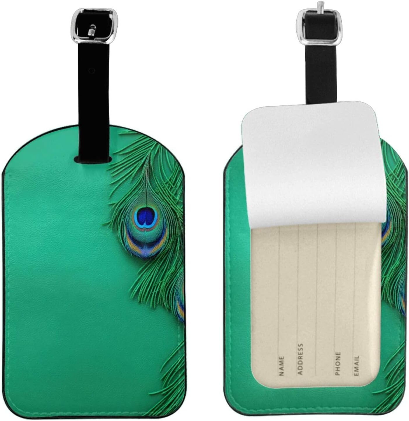 Green Peacock Feather Print Elegant Tag Stylish Tag Luggage Tag 4.3 X 2.76 Inch for Suitcases Travel Bags image number 2