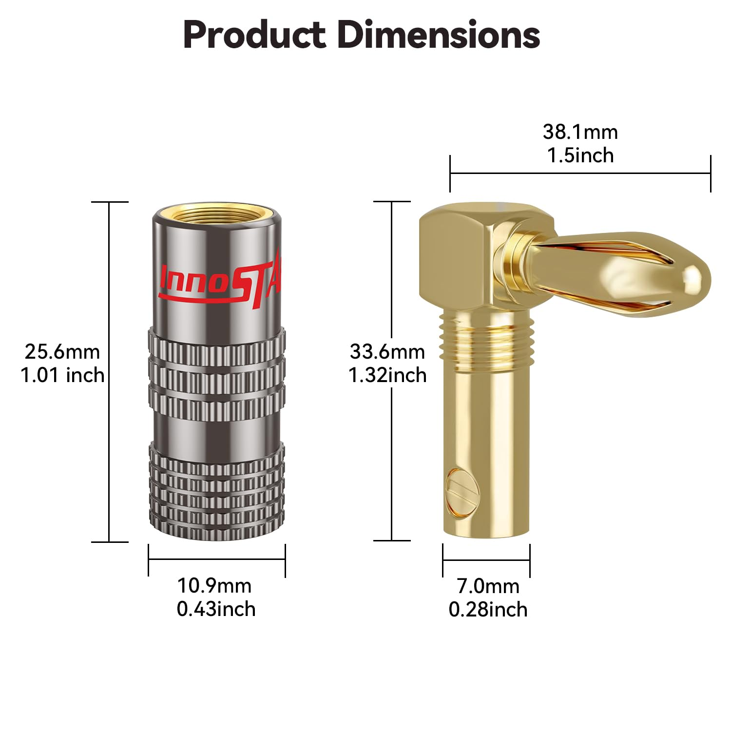 Innostars Right Angle Banana Plugs (6 Pairs / 12 Pcs), Closed Screw 24K Gold Plated Banana Speaker Plug Connectors for Speaker Wire, Wall Plate, Home Theater, Audio/Video Receiver, and Sound Systems image number 5
