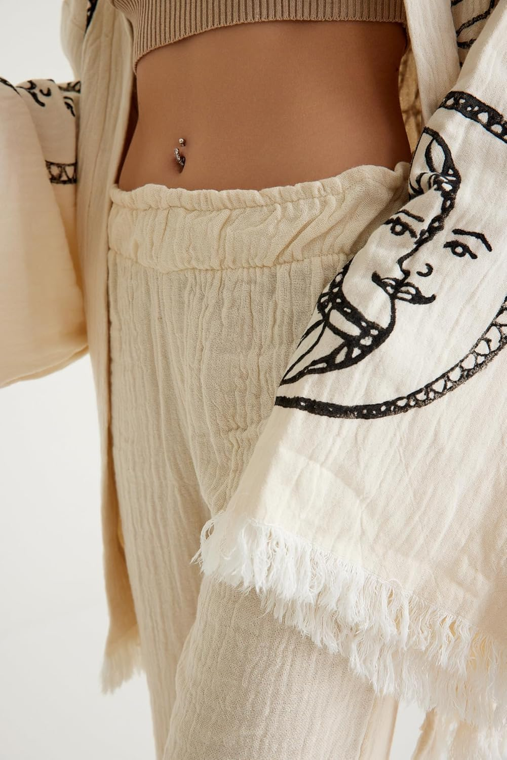 Barooga Beach Kimono Short Kaftan for Women &ndash; 100% Cotton Boho Cardigan, Open Front Kimono Robe, Sun & Moon Embroidered Beach Cover-Up, Spa Morning Robe, Bikini Swimsuit Cover-Up &ndash; Beige, One Size image number 5