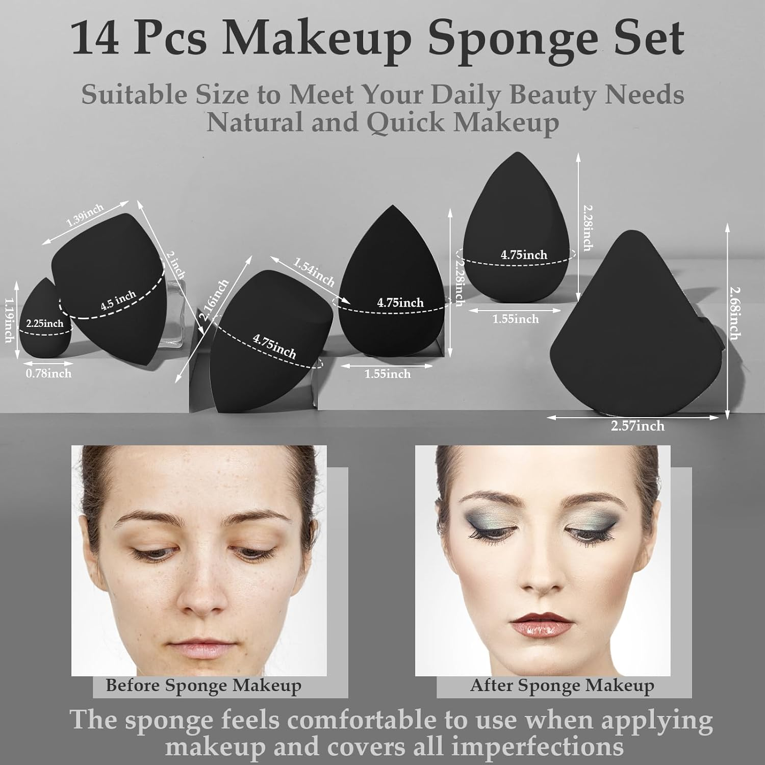 14 Pcs Makeup Sponge Set, Beauty Sponges Blender with 4 Pcs Powder Puff and 4 Pcs Mini Make up Sponges for Liquid,Foundation,Powder,Concealer,Cream (Black) - Colorful image number 2
