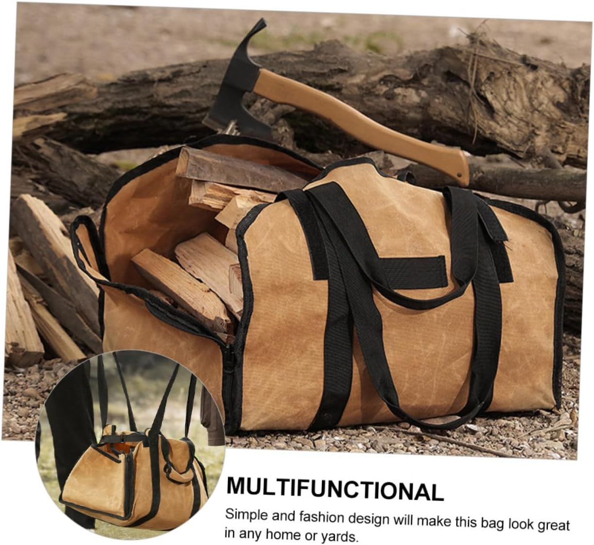 Firewood Storage Bag Canvas Tote Large Capacity Wood Carrier Handheld Firewood Pouch for Outdoor Camping and Fireplace Khaki Log Holder image number 2