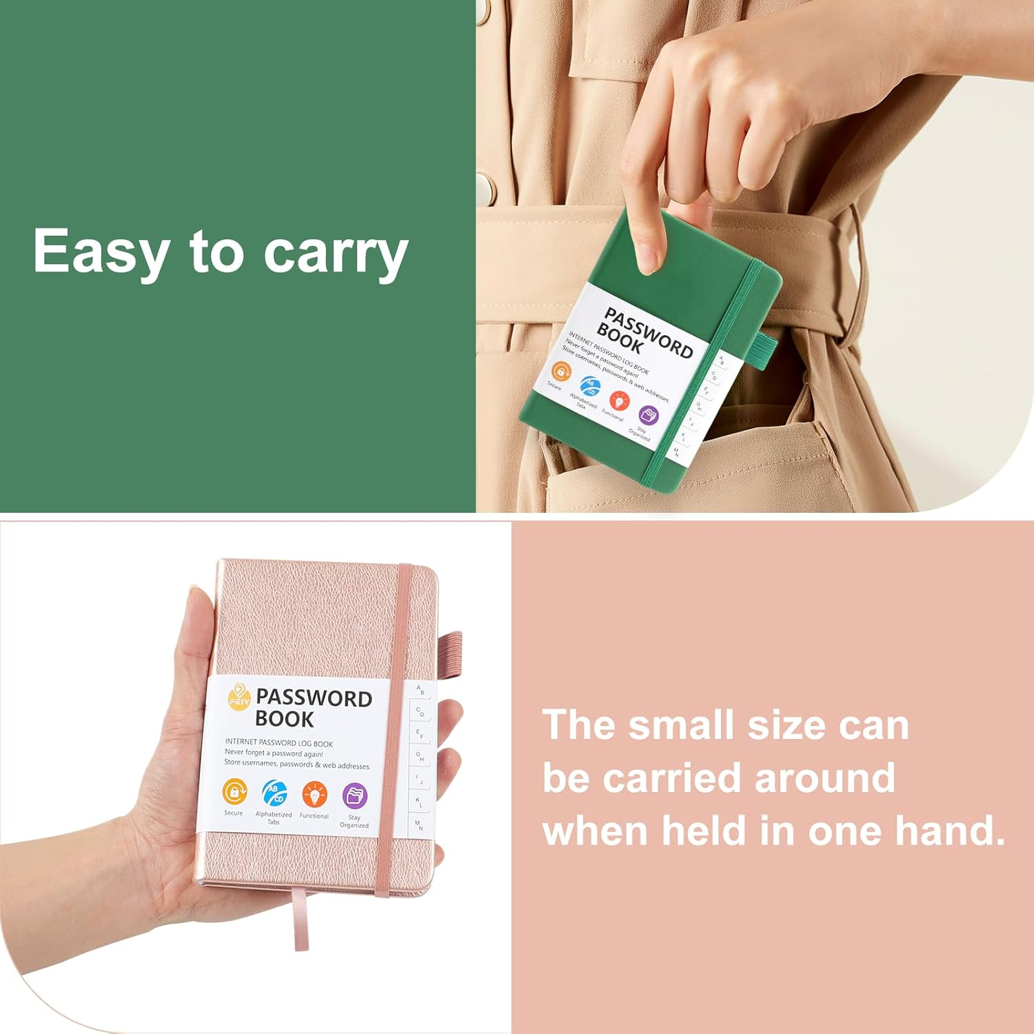 JUNART A6 Password Book,Internet Password Log Book with Alphabetical Tabs, Hardcover Address Book with Elastic Pen Loop(Green)