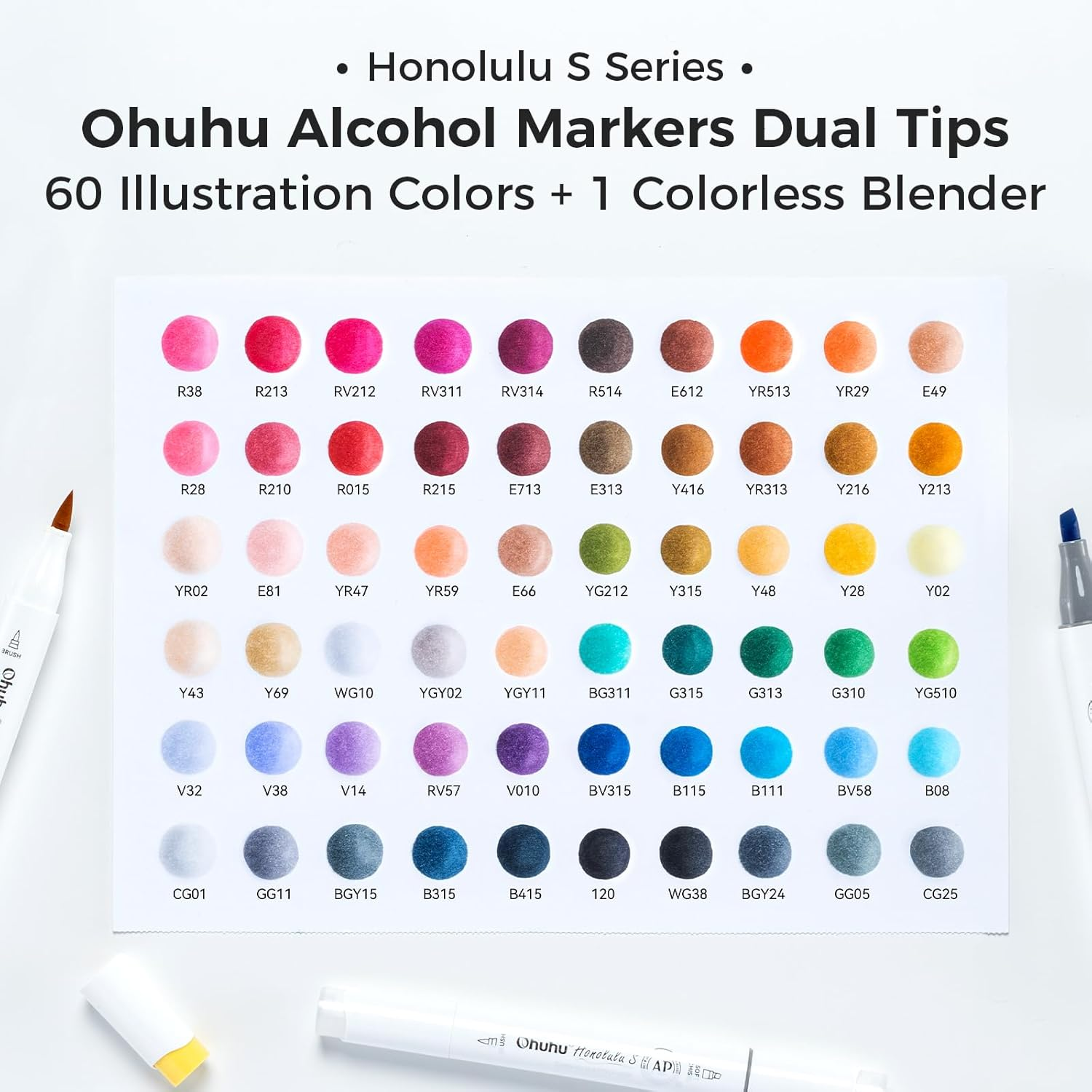 Ohuhu Alcohol Markers Brush Tip: Brush& Soft Chisel 60 Illustration Colors Dual Tips Alcohol-Based Art Marker Set for Artist Adults Coloring Illustrations- Honolulu S- Refillable image number 1
