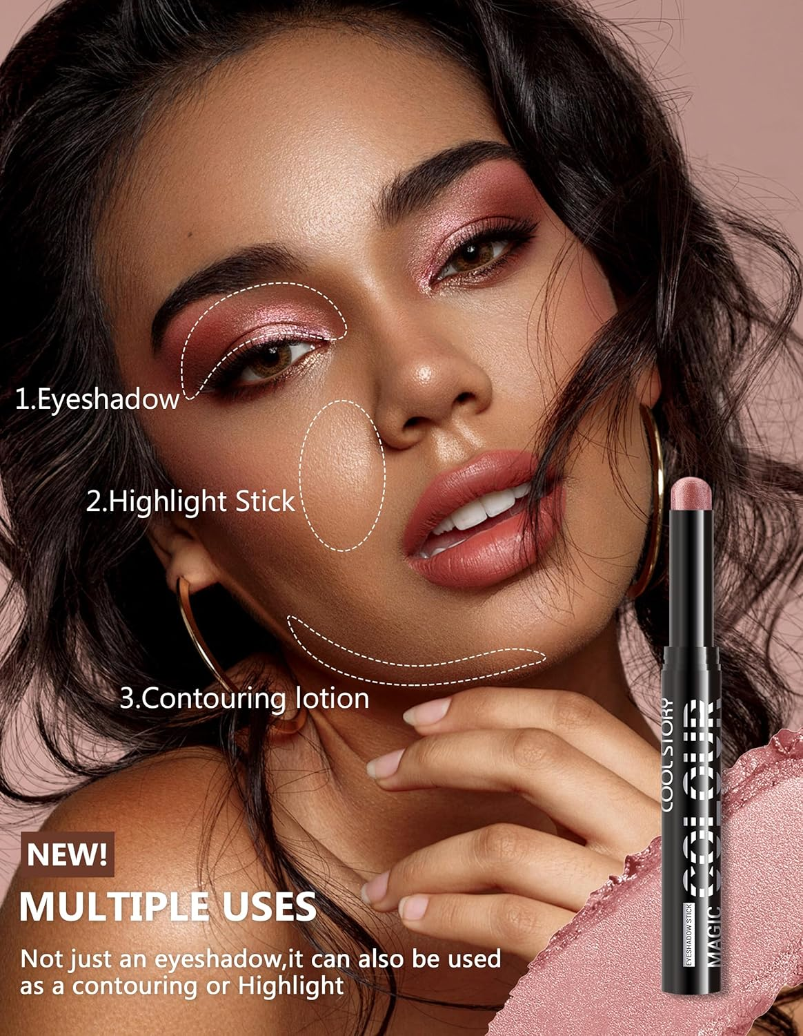 Erinde Shimmer Cream Eyeshadow Stick, Long Lasting Metallic Eye Shadow Sticks, Waterproof Creamy Glitter Eyeshadow Pencil, High Pigmented Blendable Neutral Eye Makeup #E03 image number 3