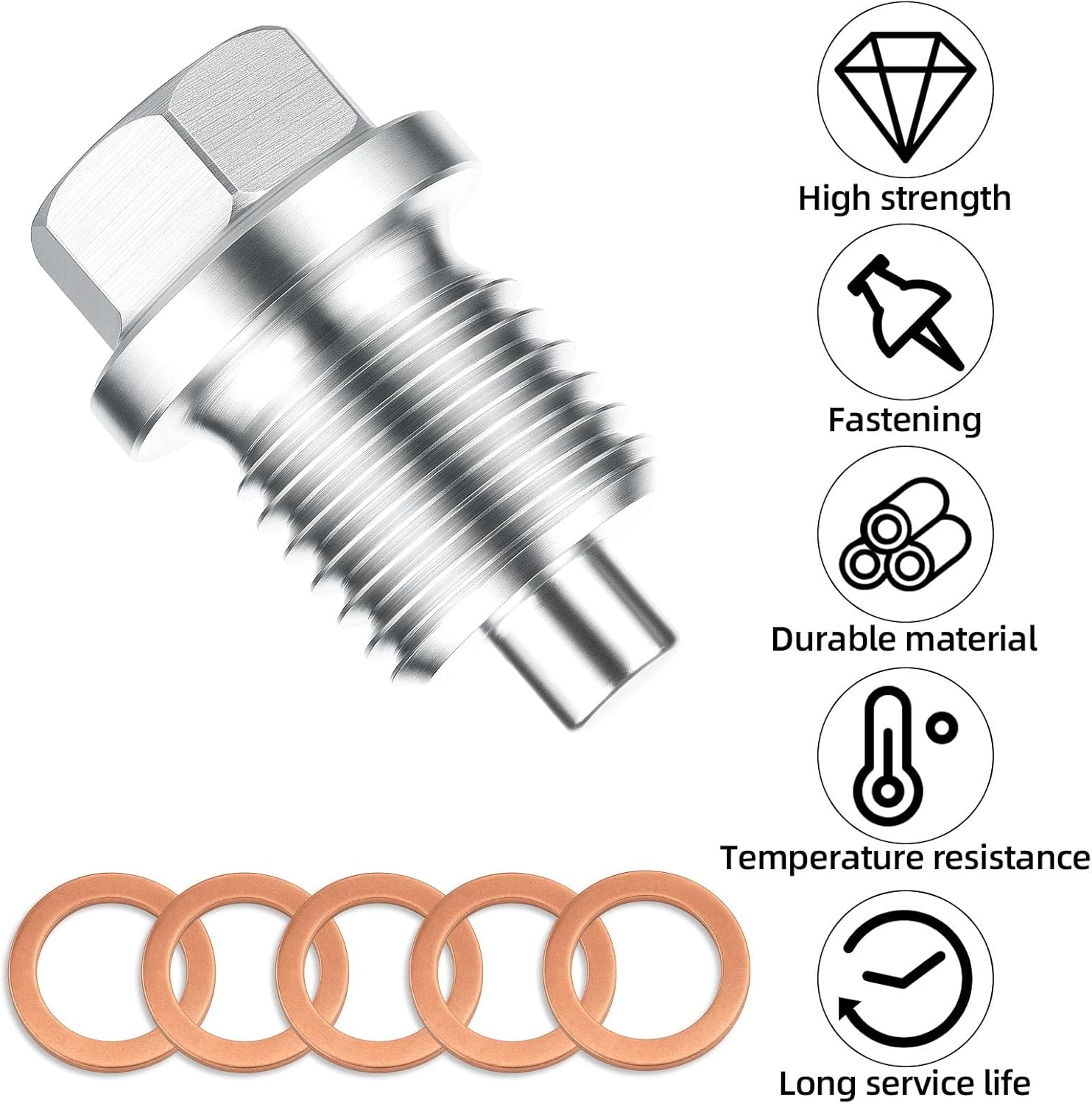 BOXOB M14X1.5 Magnetic Oil Drain Plug, Stainless Steel Engine Oil Pan Bolt with 5 Washers Gasket Universal Leak-Proof Replacement for Car, Truck, Motorcycle, Most Vehicles image number 1