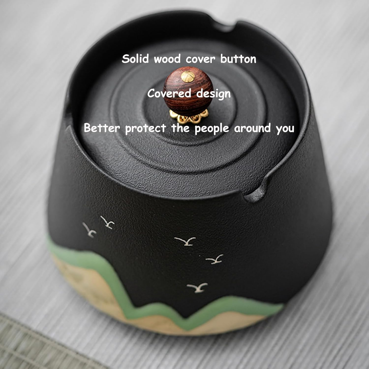 Ashtray Ceramic Ashtray with Lid Windproof Painted Ceramic Hand-Made Ashtray Creative Ash Holder Portable Ash Tray for Home Office Travel Decoration SH0103 (Black) - White image number 5