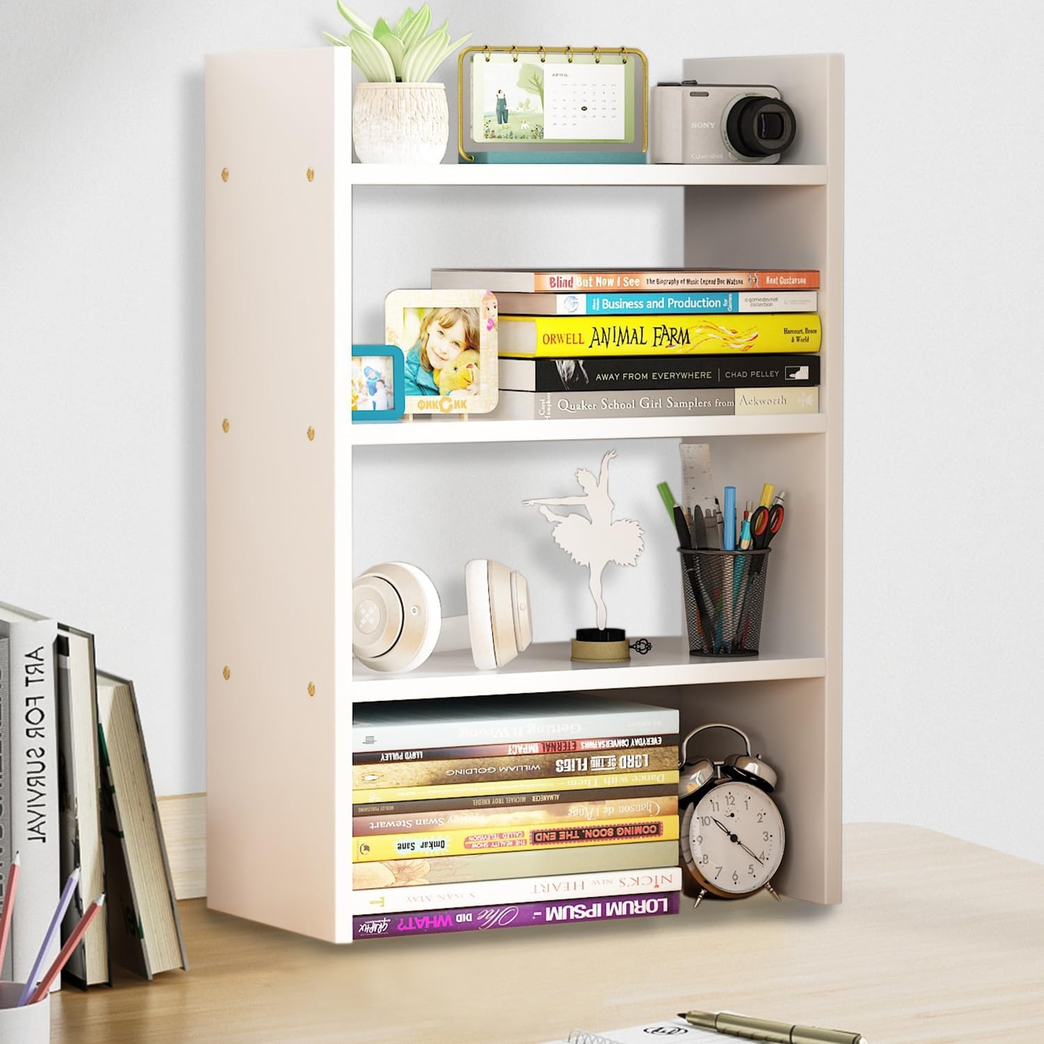 Uandhome Desktop Bookshelf,3-Tier Desktop Display Organizer Rack,Multipurpose Wood Desktop Bookshelf Storage Organizer for Dorm Office Home(White) (White)