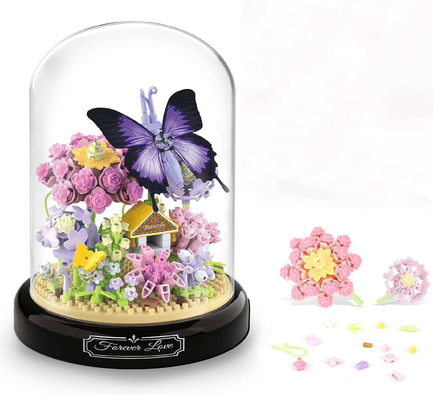 TOY PLAYER Purple Butterfly Flowers Micro Mini Building Block Set, Flowers Insect Clamping Blocks Building Blocks with Dustproof Dome and Base, Gift for Girls from 6 Years (582 Pieces)