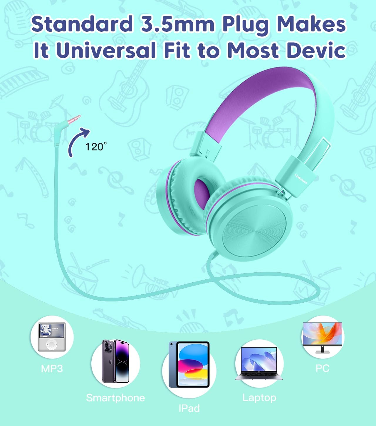 Cowyawn Kids Headphones, Toddler Headphone with Safe Volume Limiter 94Db, Wired School Headphones for Kid, 3.5Mm Adjustable On-Ear Headphone for Boys/Girls/Children/Teens/Ipad/Computer, Purple Green image number 5