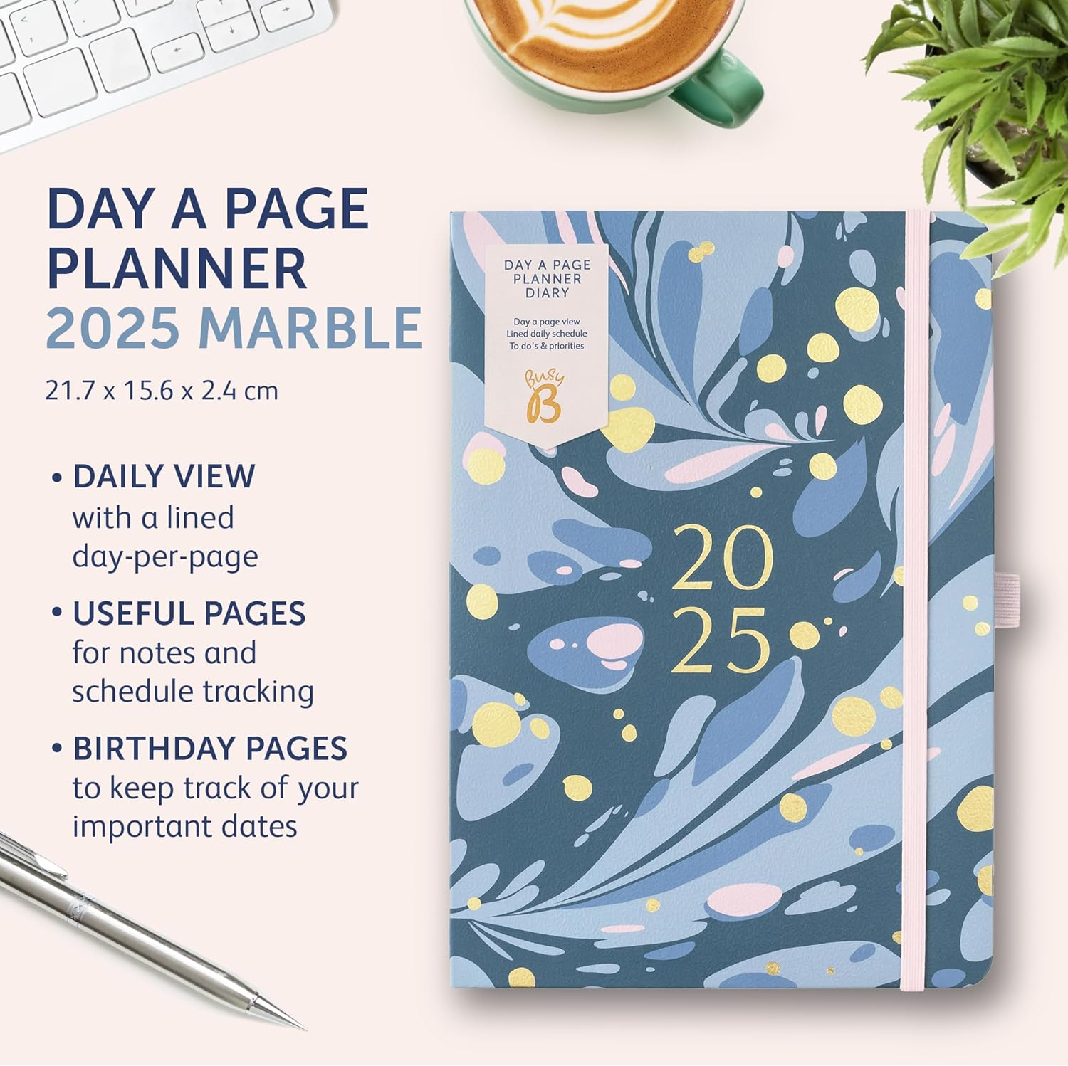 Busy B 2025 Diary Day a Page Planner - A5 Marble Design for Weekly Planner - Compact Diary with Hour-By-Hour Layout, To-Do Lists & Notes - Ideal for Students, Teachers & Professionals