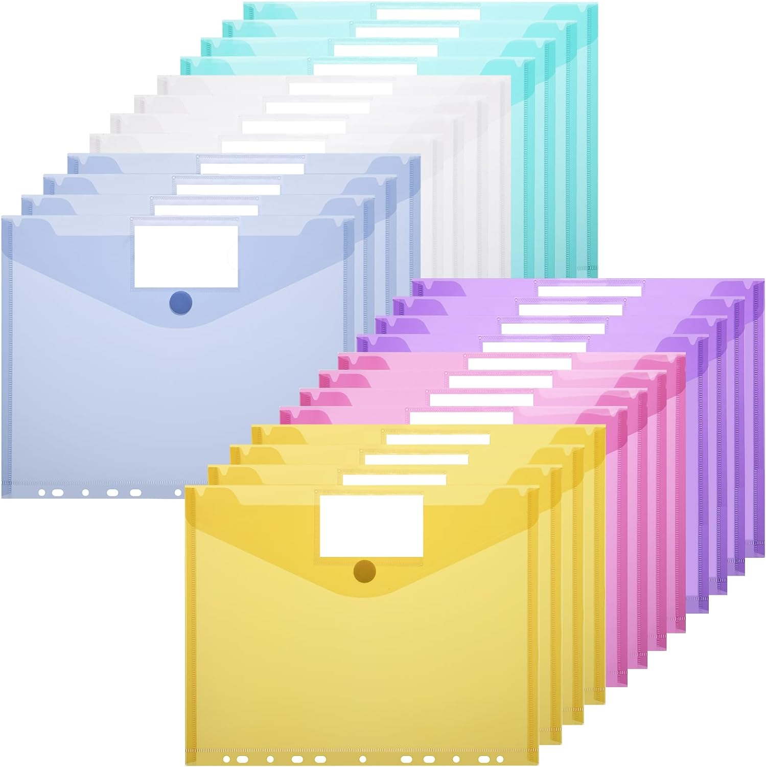 24Pcs 6 Colours Binder Pocket, Plastic Flipchart File Pockets, Envelope Binder Folders with 11 Holes and Tab Pockets and Velcro Buttons, Label Pockets for Schools Offices Homes image number 3