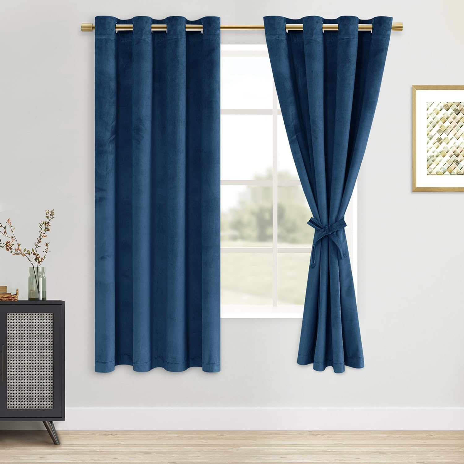 DWCN Velvet Curtains Elegant Grommet Curtain Sewn with Tiebacks - Thermal Insulated Room Darkening Curtains & Drapes for Living Room Bedroom Decor, Each W132 Cm X D214Cm, Set of 2, Light Sage image number 5