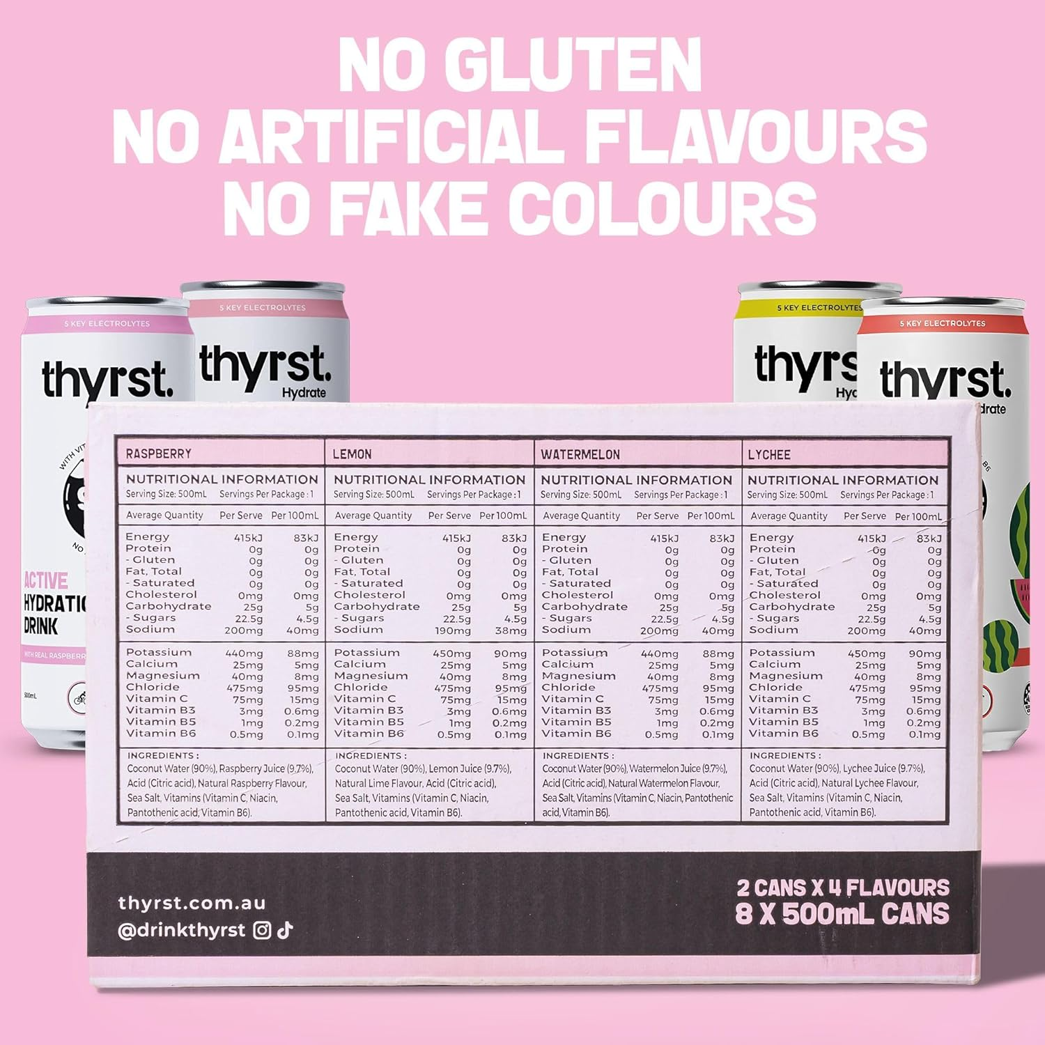 Thyrst Active Hydration Drink &ndash; Thyrst Hydrate Assorted 500Ml X 8 | 90% Coconut Water + 9.7% Real Fruit Juice | Contains Electrolytes + Vitamins C, B3, B5, B6 | Natural Hydration Beverage image number 2