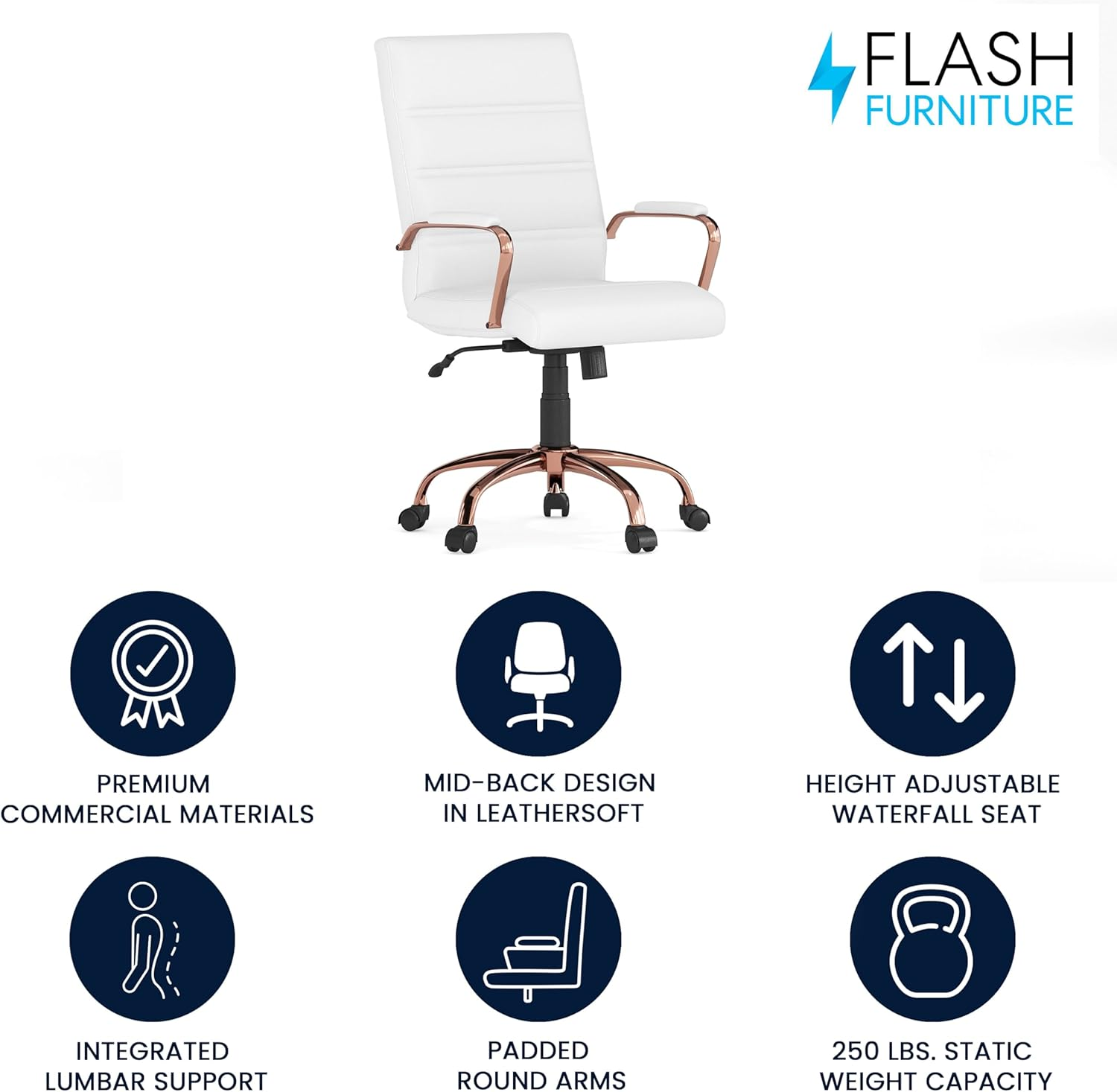 Flash Furniture Mid-Back White Leather Executive Swivel Chair with Rose Gold Frame and Arms image number 3