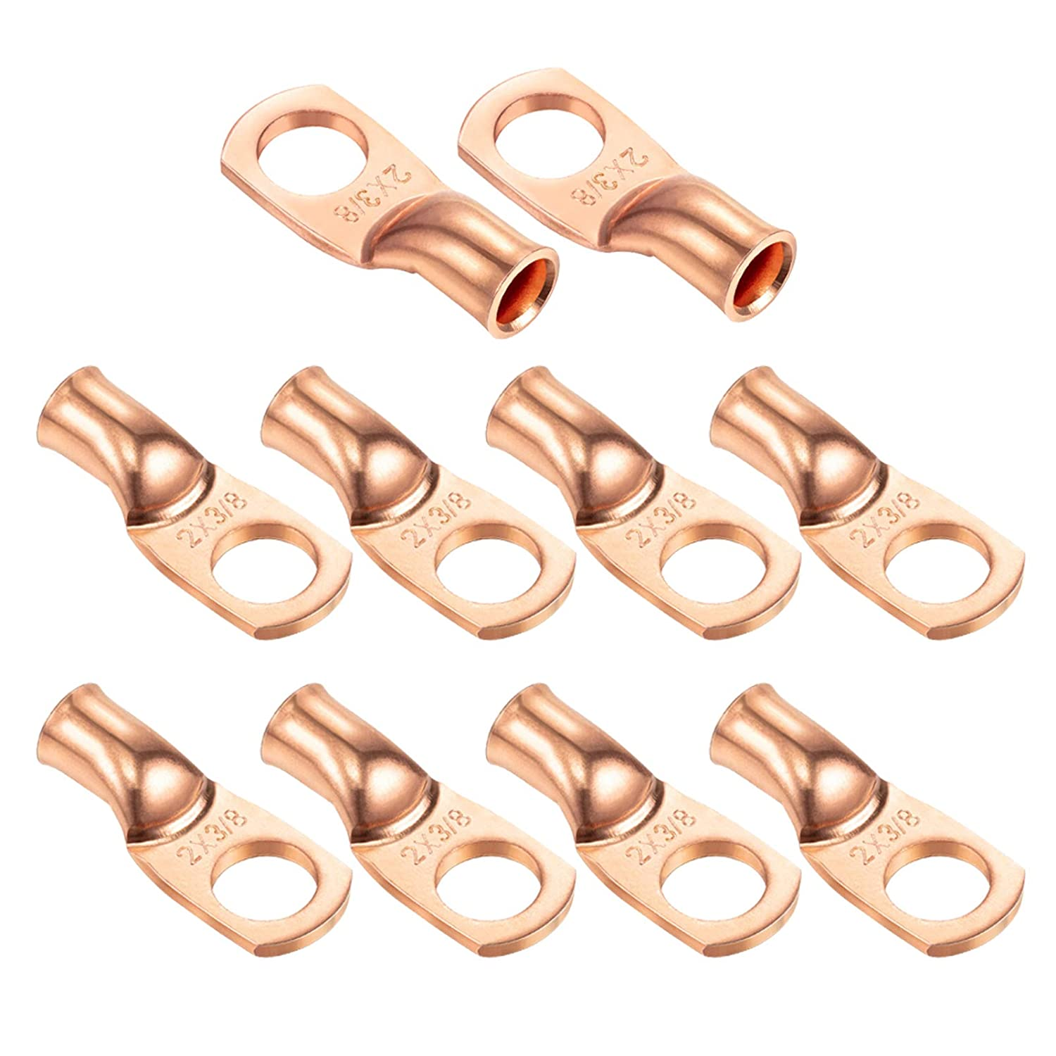 Ampper Heavy Duty Copper Wire Lugs, UL Eyelets Ring Crimp Copper Terminal Connectors for Battery Cable Ends and More (2 Awg, 3/8" Ring, 10 Pcs) image number 2