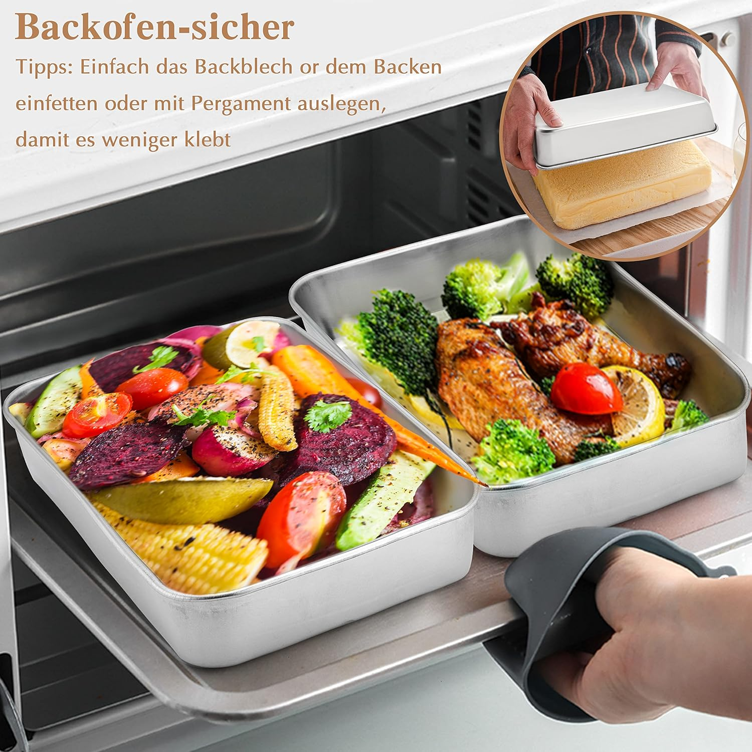 Baking Tray, Haware Stainless Steel Small Casserole Dish, Fat Pan, Oven Mould, Set of 2, Rectangular Deep Oven Tray, Cake Tray for Baking/Roasting/Serving, Non-Toxic & Healthy, Dishwasher Safe image number 5