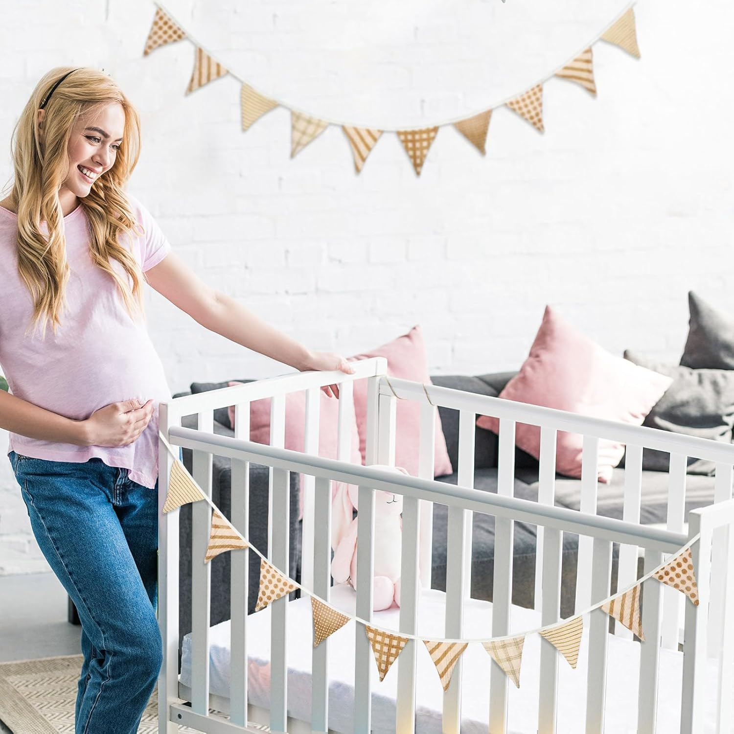 Oudain 17 Ft Pennant Banner, 2 Pcs Triangle Bunting Flag Multicolor Baby Garland Hanging Flag Banner for Wedding Birthday Baby Shower Parties Events Nursery Decor, Each 8.5 Ft in Length (Vivid Color) image number 3