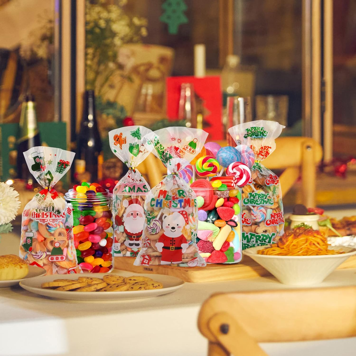 Geeric Xmas Candy Bags with Twist Tie - 100 PCS, 10 Different Designed Cellophane with Christmas Snowman, Tree, Santa Claus, Snowflake, Elk Print Pattern Cookie Bags - Style 5 image number 6