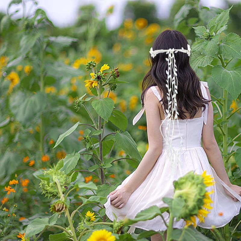 Atifober Hippie Daisy Flower Headbands for Women，White Flower Crown 70S Flower Headbands Fashion Floral Crown Headpiece Daisy Hair Wreath Hippie Hair Accessories for Prom Wedding Party Photo Props image number 4