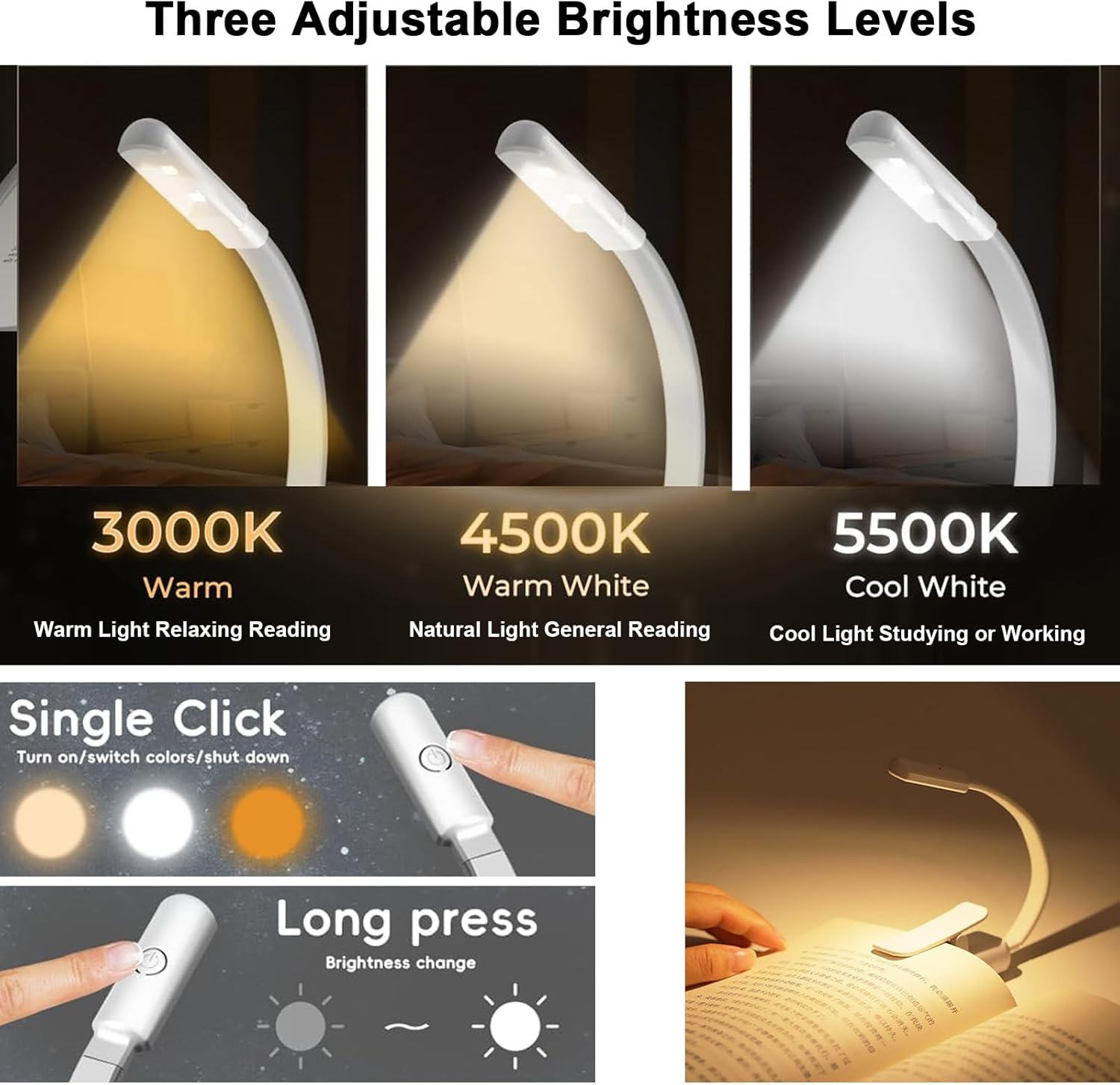 YQQZQ Reading Light,Aaa Battery Clip-On 3 Colors Dimming Led Light,Low Energ Long Runtime,Easy to Carry and Use