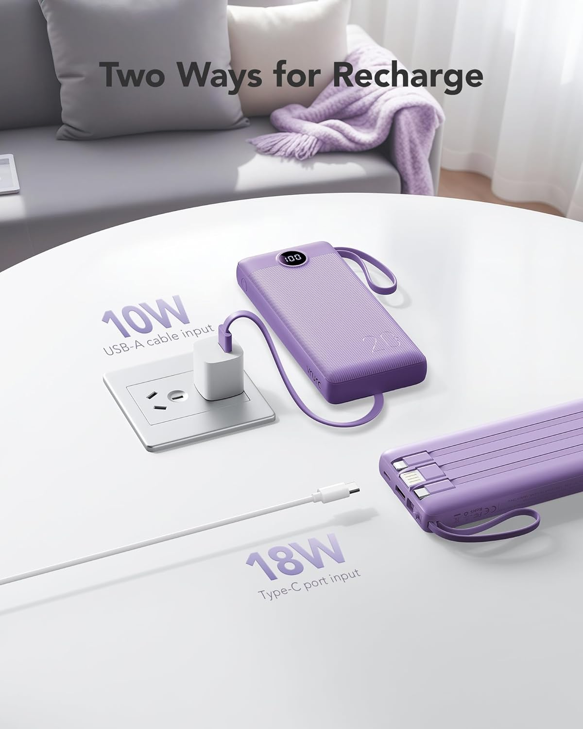 Portable Charger 20000Mah, Fast Charging Battery Pack 22.5W USB C, VRURC Phone Power Bank with 4 Built-In Cables, 4 Output 2 Input LED Display Compatible with Iphone Samsung,Tablet,Purple image number 6