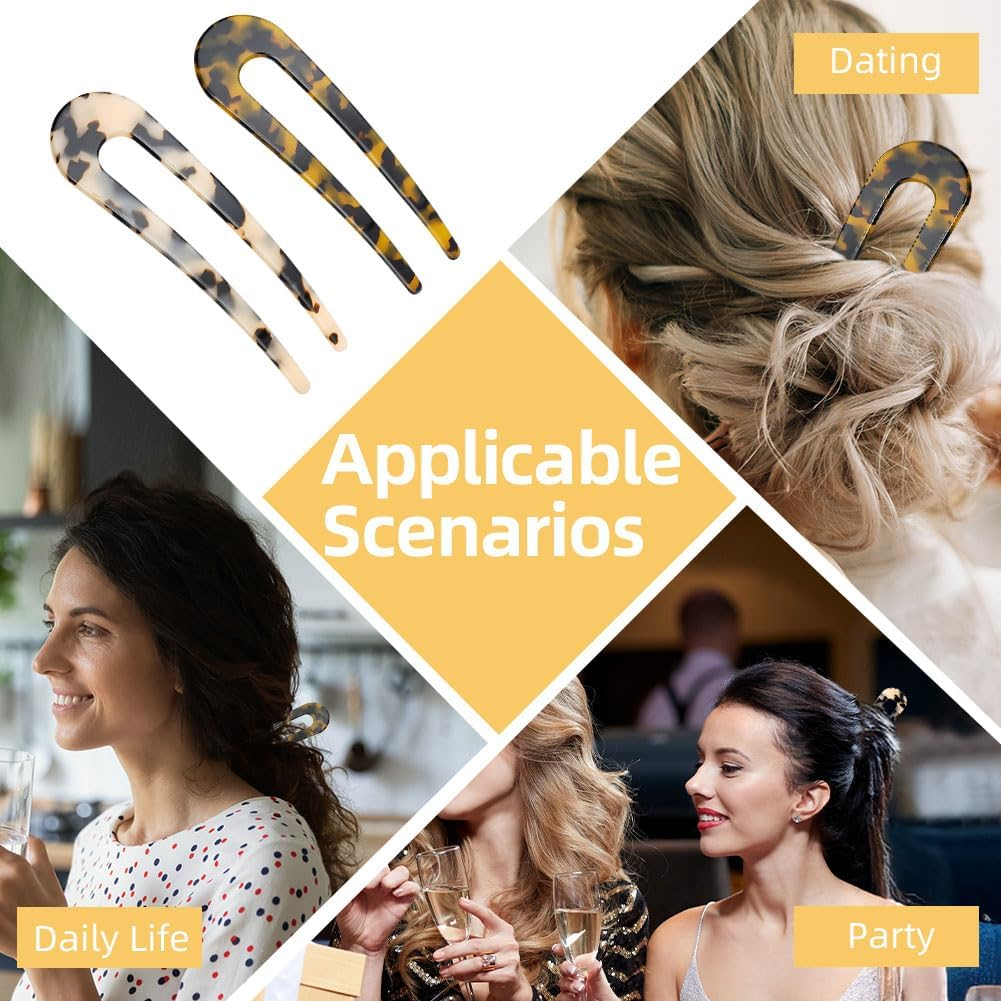 AYESY French Hairpin, 2 Pieces U-Shaped Hair Pins Acetate Tortoiseshell Fork Rods Delicate French Twist Pins for Bun Girls and Women Hair Fork Hairstyle Accessories image number 6