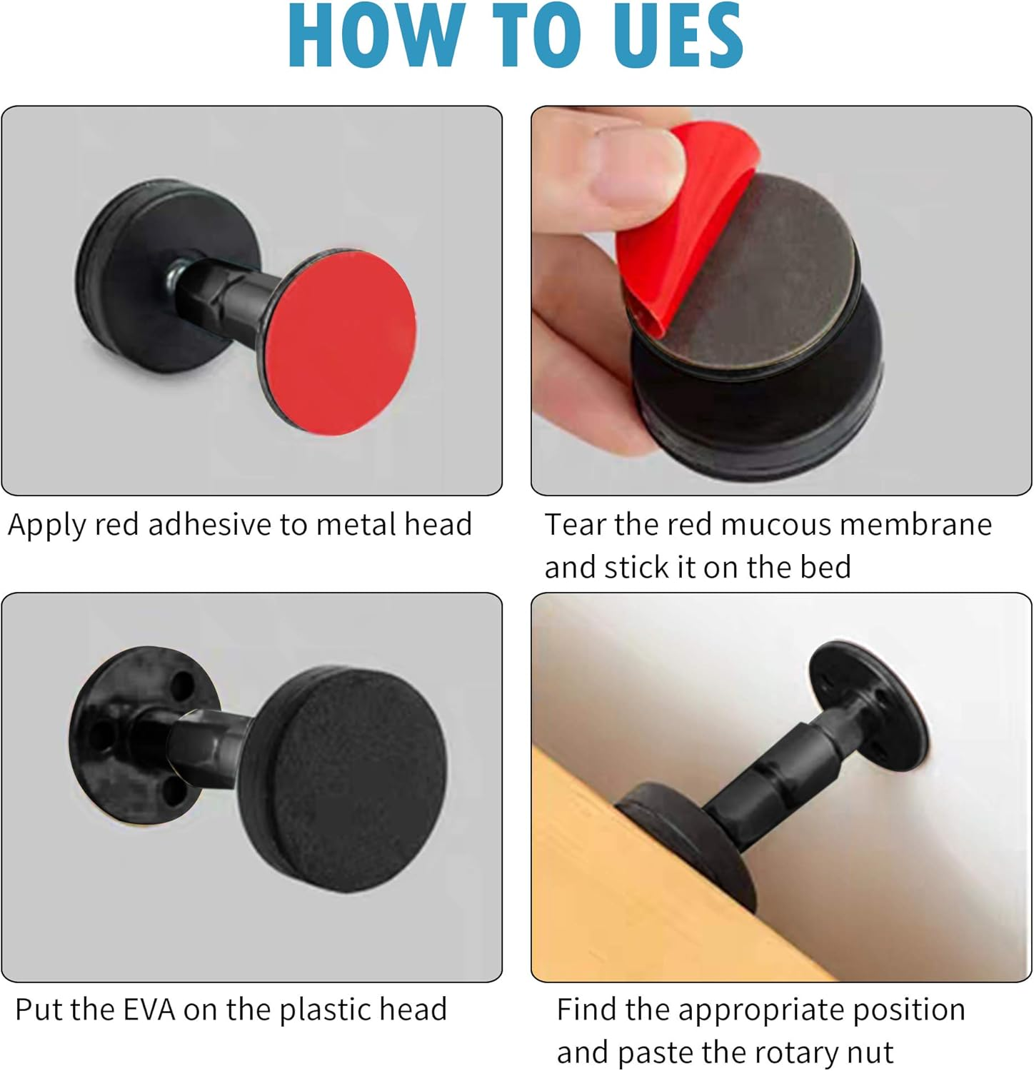 2PCS Black Adjustable Bed Frame Anti-Shake Tool, Headboard Stoppers with Free Furniture Pads and Screws, No More Creaking, Protect the Wall from Banging, Easy to Install (1.1-2.5In) image number 6